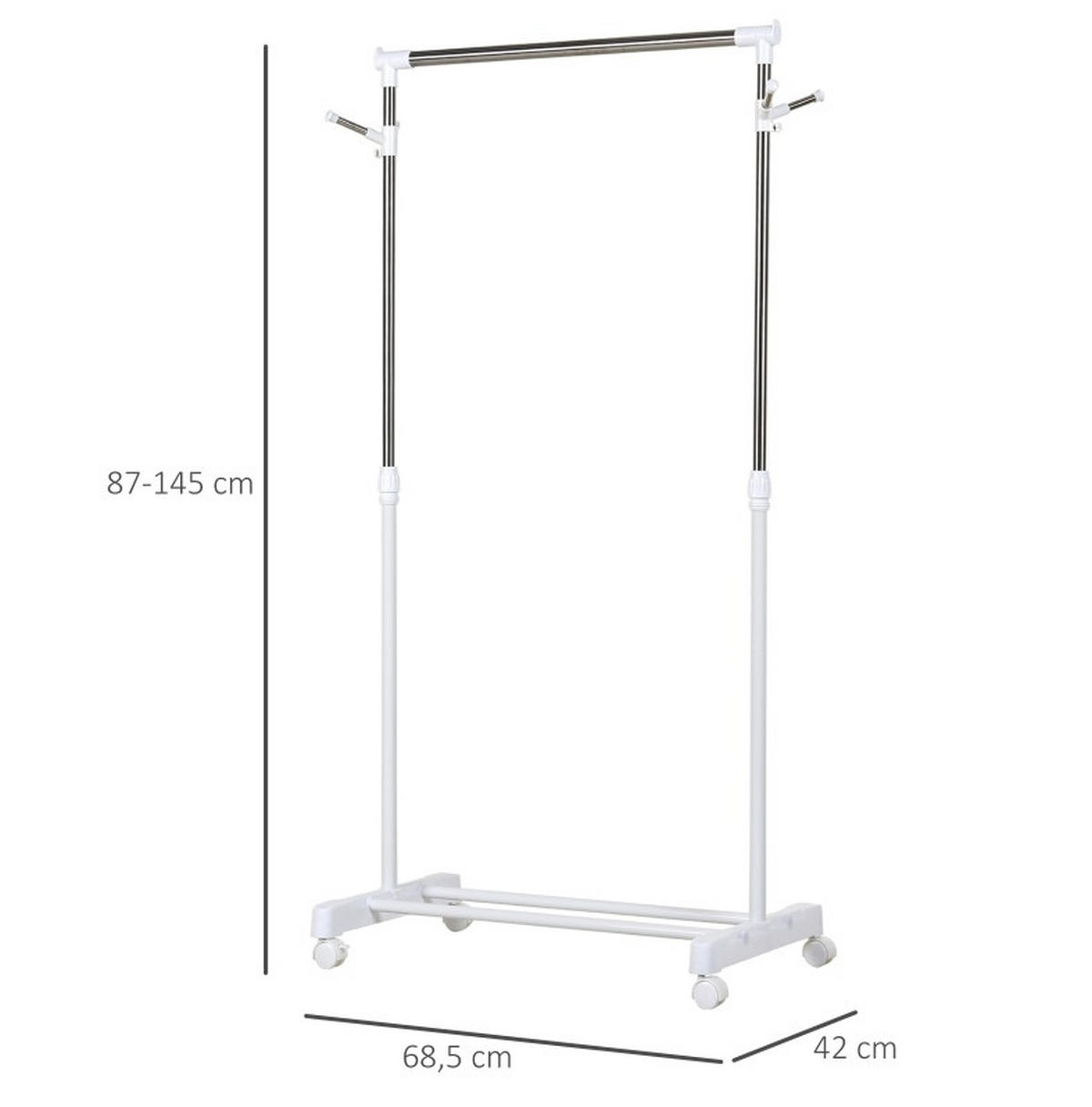 GARDEROBENSTÄNDER 68,5/42/87-145 cm höhenverstellbar mit Ablage, Haken und Rollen aus Edelstahl, Weiß - Weiß, Metall (68.5/145/42cm) - Redom