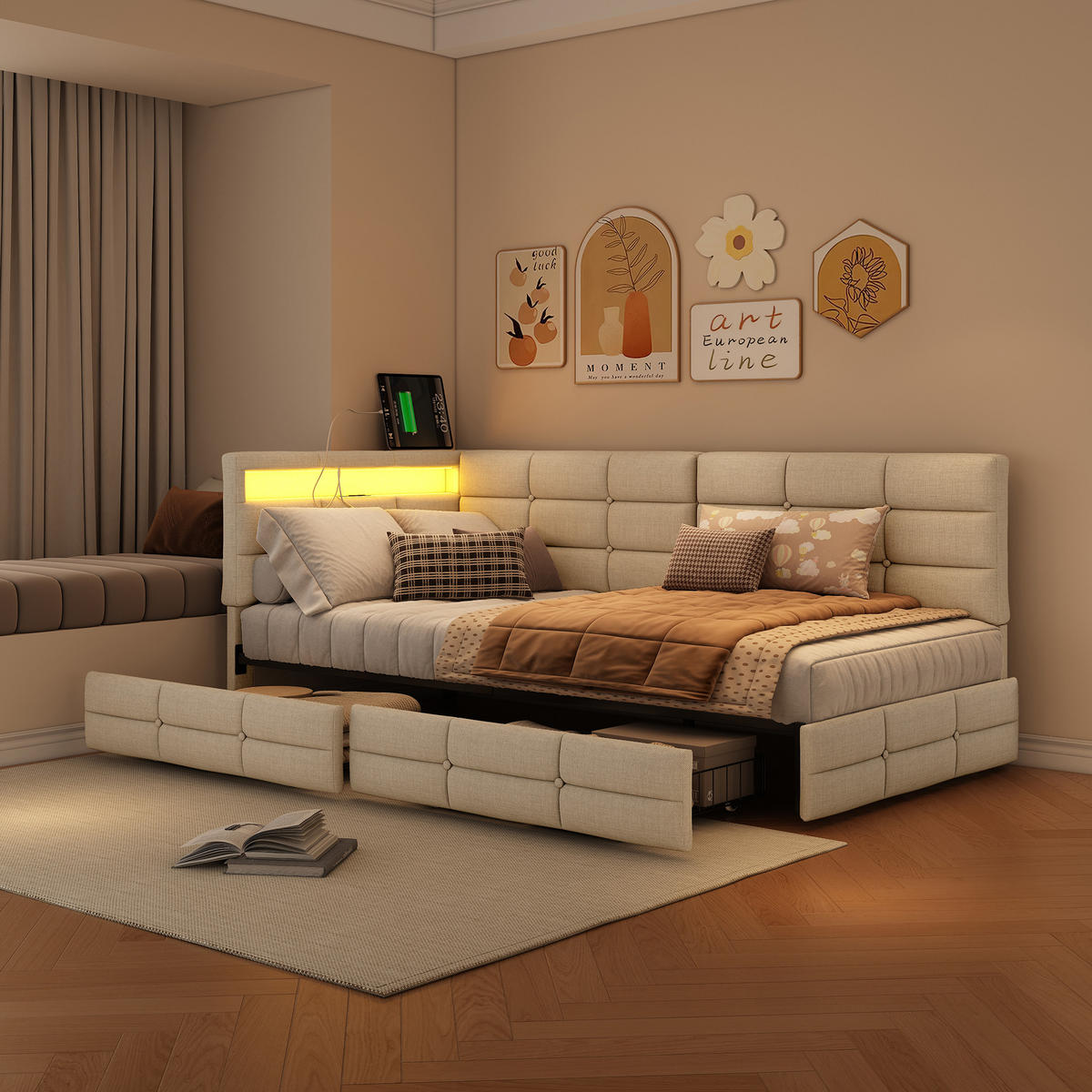 POLSTERBETT 90x200 cm Tagesbett mit 2 Schubladen, LED & USB, Einzelbett mit L-förmigem Kopfteil, Beige - Beige, Metall (90/200cm) - EuroLiving
