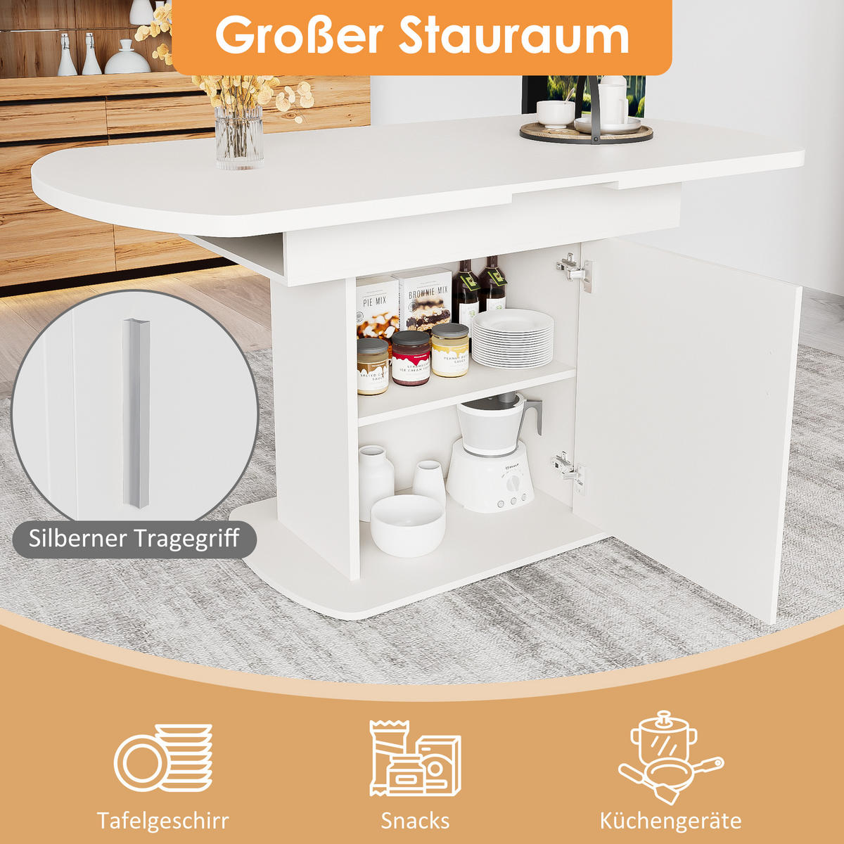 ESSTISCH Weiß Silber ausziehbar 110-130cm Stauraum 70cm - Weiß, Holzwerkstoff (130/75.5/70cm) - FLIEKS