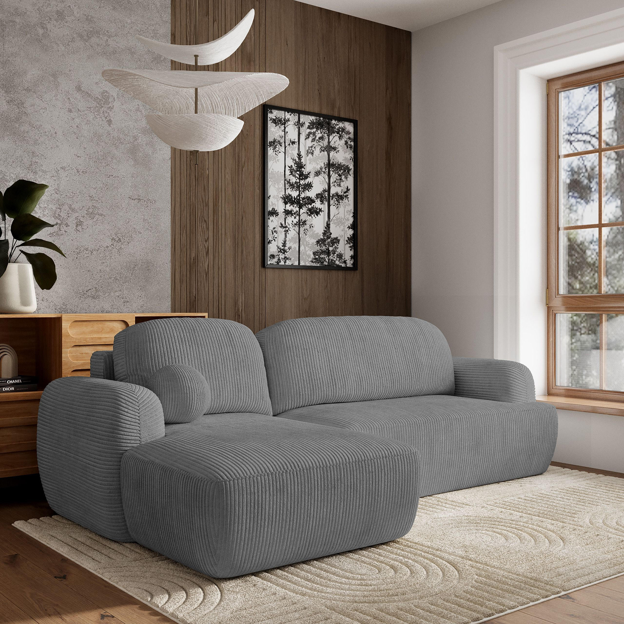 ECKSOFA MODENZA P L-S Grau Kordstoff mit Schlaffunktion - Grau, Holz (266/148cm) - MASSENO