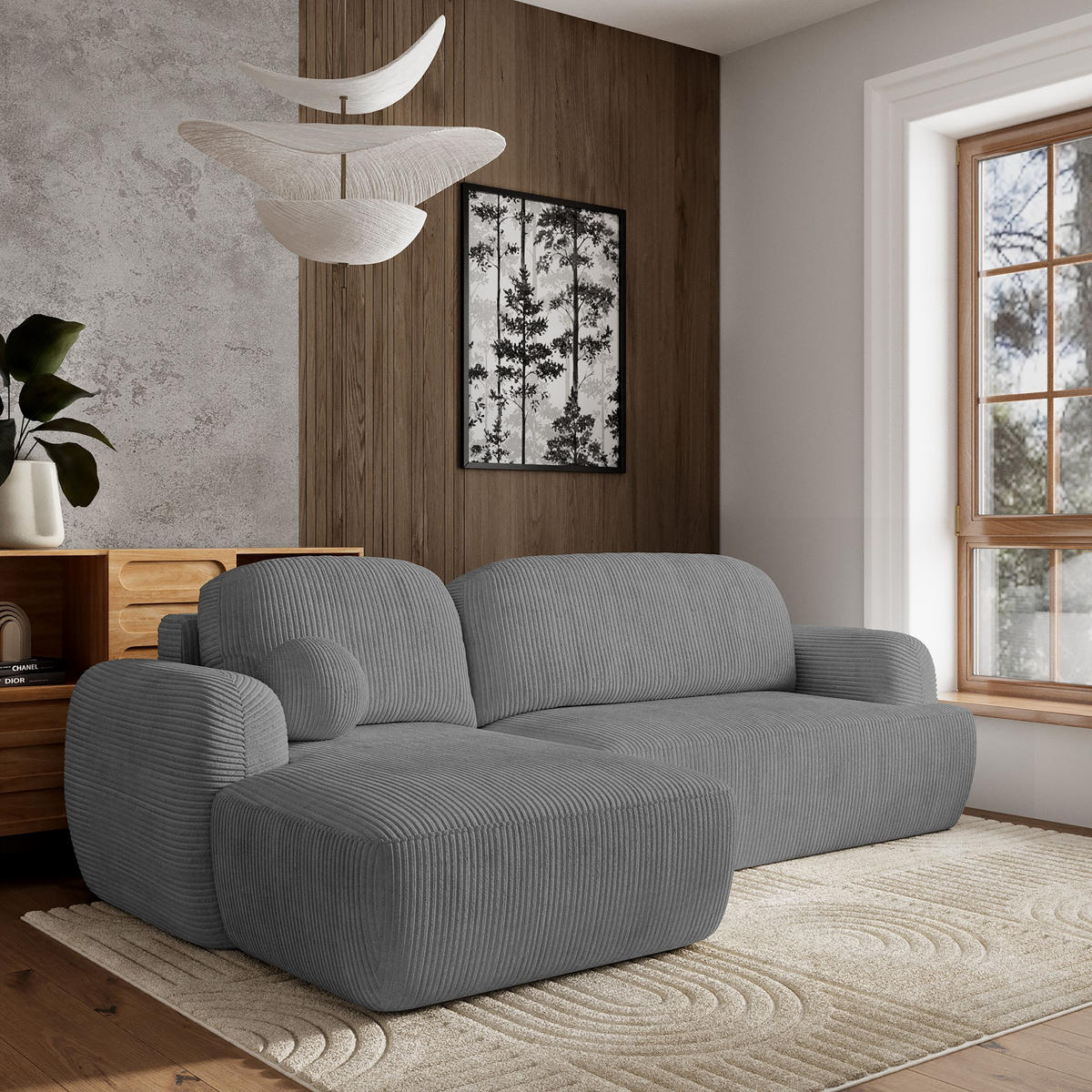 ECKSOFA MODENZA P L-S Grau Kordstoff mit Schlaffunktion - Grau, Holz (266/148cm) - MASSENO