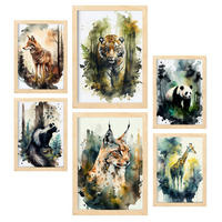 POSTER Set Mit 6 Warm Und Kalt Illustrationen Von Tieren In Naturlandschaften, Realistischer Aquarellstil A3 & A4 Rahmen Aus Hellem Holz - Beige, Papier (29/3cm) - Nacnic