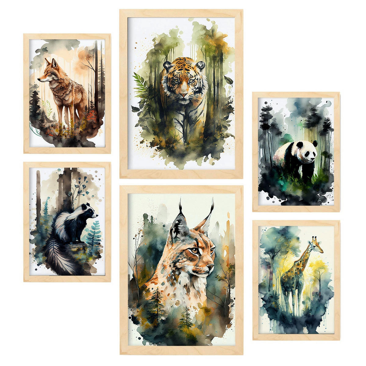 POSTER Set Mit 6 Warm Und Kalt Illustrationen Von Tieren In Naturlandschaften, Realistischer Aquarellstil A3 & A4 Rahmen Aus Hellem Holz - Beige, Papier (29/3cm) - Nacnic