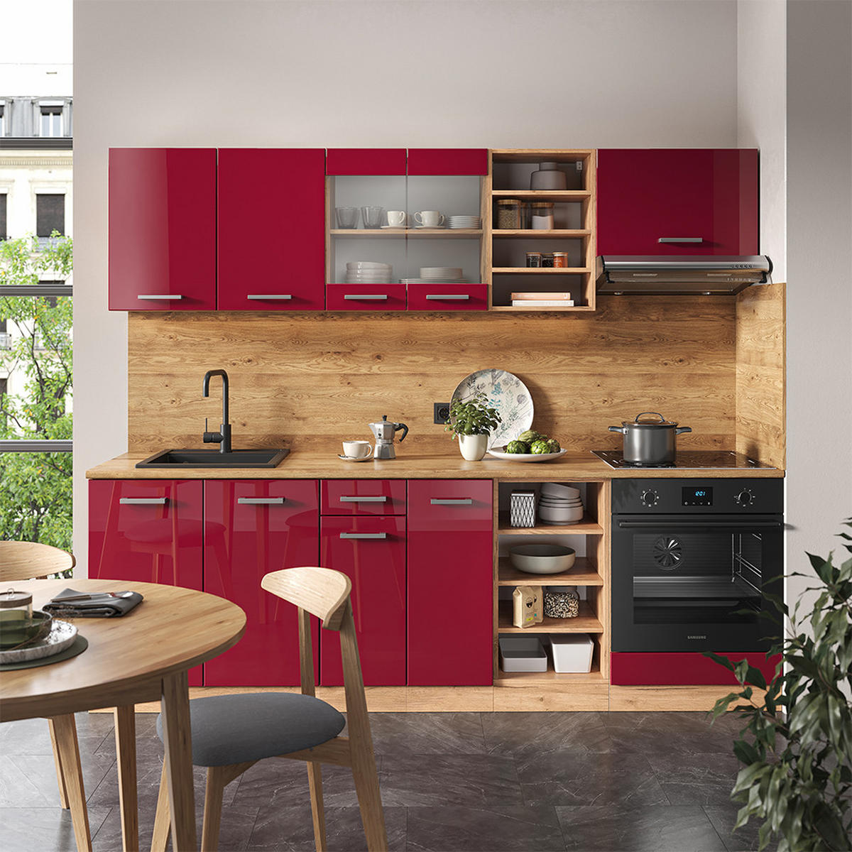KÜCHENZEILE R-Line Bordeaux Hochglanz/Goldkraft Eiche 240 cm, AP Eiche - Bordeaux/Eiche Wotan, Holzwerkstoff (240/81.6/60cm) - Vicco