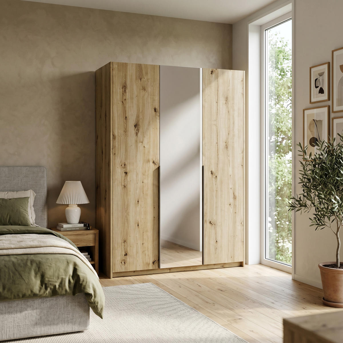DREHTÜRENSCHRANK THALIA 148/204/58cm 3-türig mit Spiegel Eiche Artisan - Eiche Artisan, Holzwerkstoff (148/204/58cm) - MASSENO