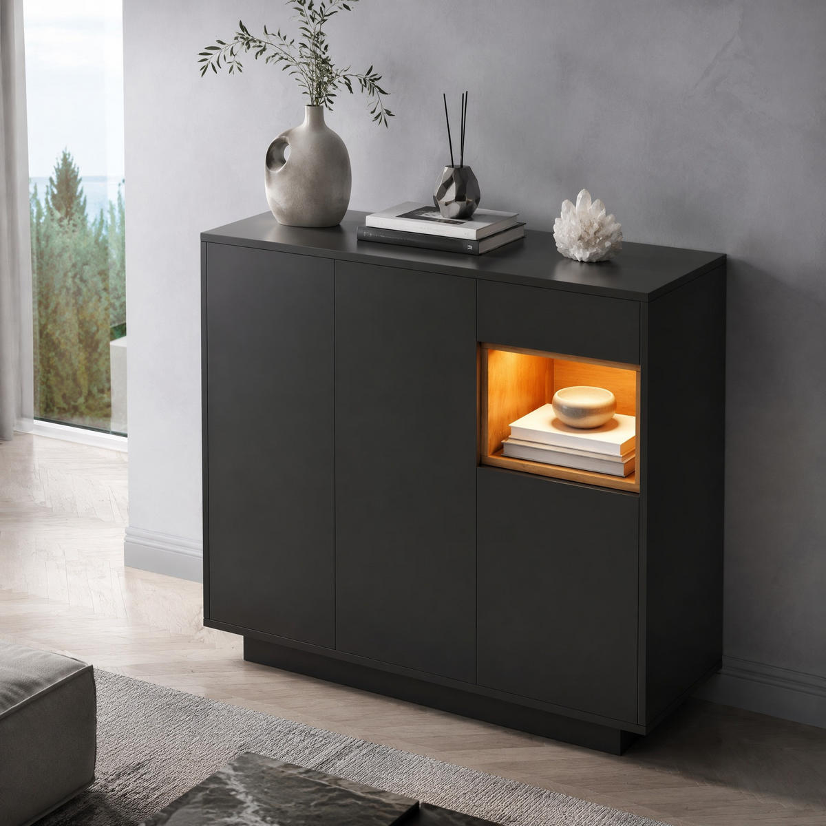 SCHUHSCHRANK in Schwarz und Naturfarben mit LED-Beleuchtung für 14–18 Paar Schuhe, B105/T39.5/H100.5 cm - Schwarz/Naturfarben, Holzwerkstoff/Metall (105/100.5/39.5cm) - STILVORA