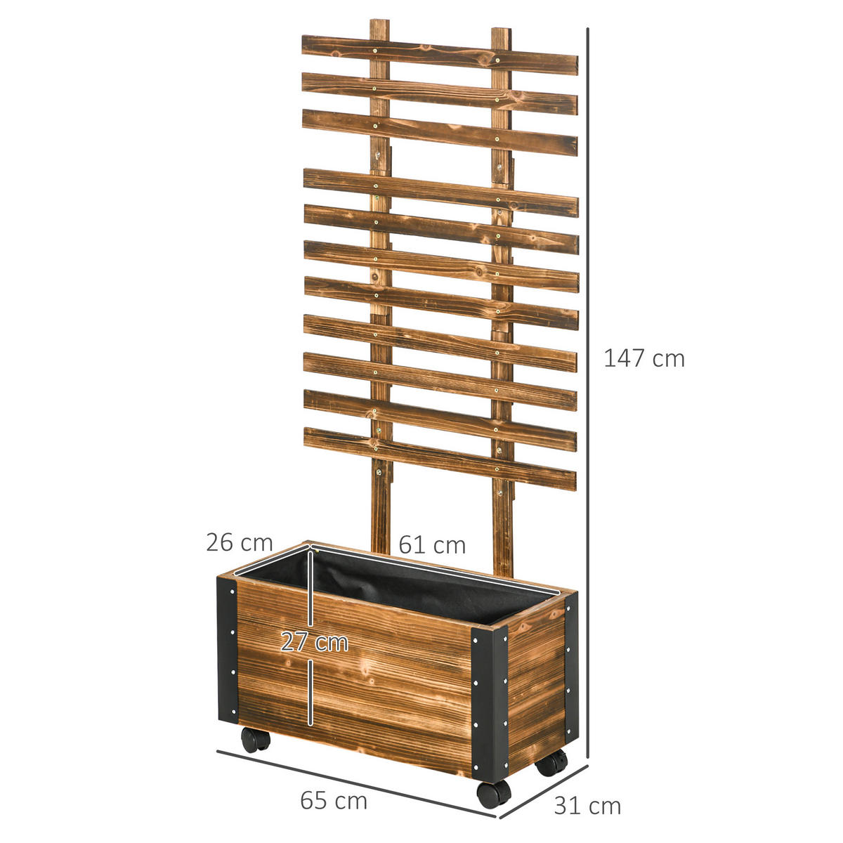 HOCHBEET mit Rankgitter, Blumenkasten mit Rollen, für Kletterpflanzen, Holz, Verkohlt - Dunkelbraun, Holz (31/147/65cm) - Outsunny
