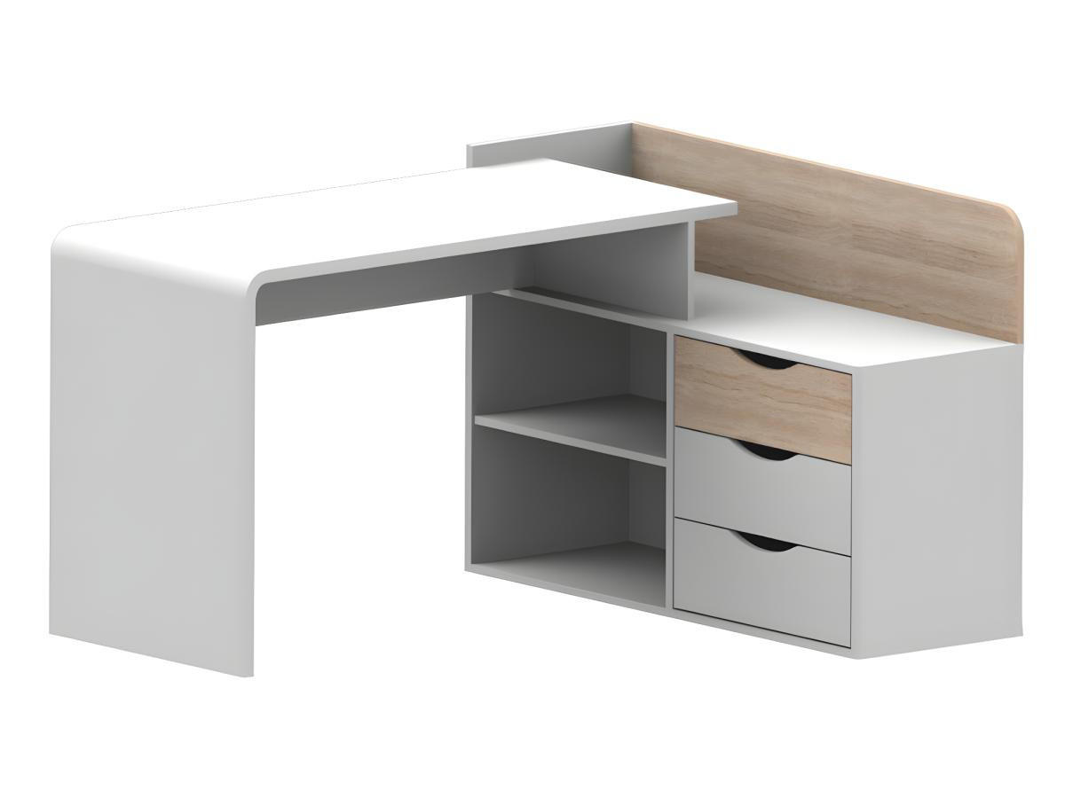 ECKSCHREIBTISCH mit 3 Schubladen & 2 Ablagen - MDF - Weiß & Eichefarben - DECLAN II - Naturfarben, Holz (148.4/112.5/79.5cm) - Vente-Unique