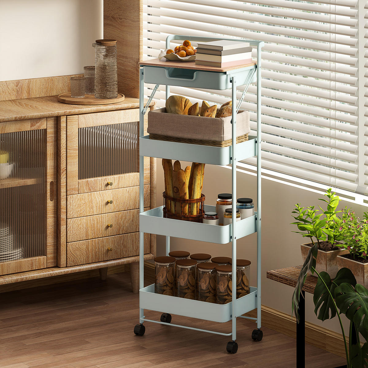 SERVIERWAGEN DE-12452 4 Ebenen mit Schublade und Plateau Grün - Grün, Kunststoff (29.5/117.5/45cm) - ComfortXL