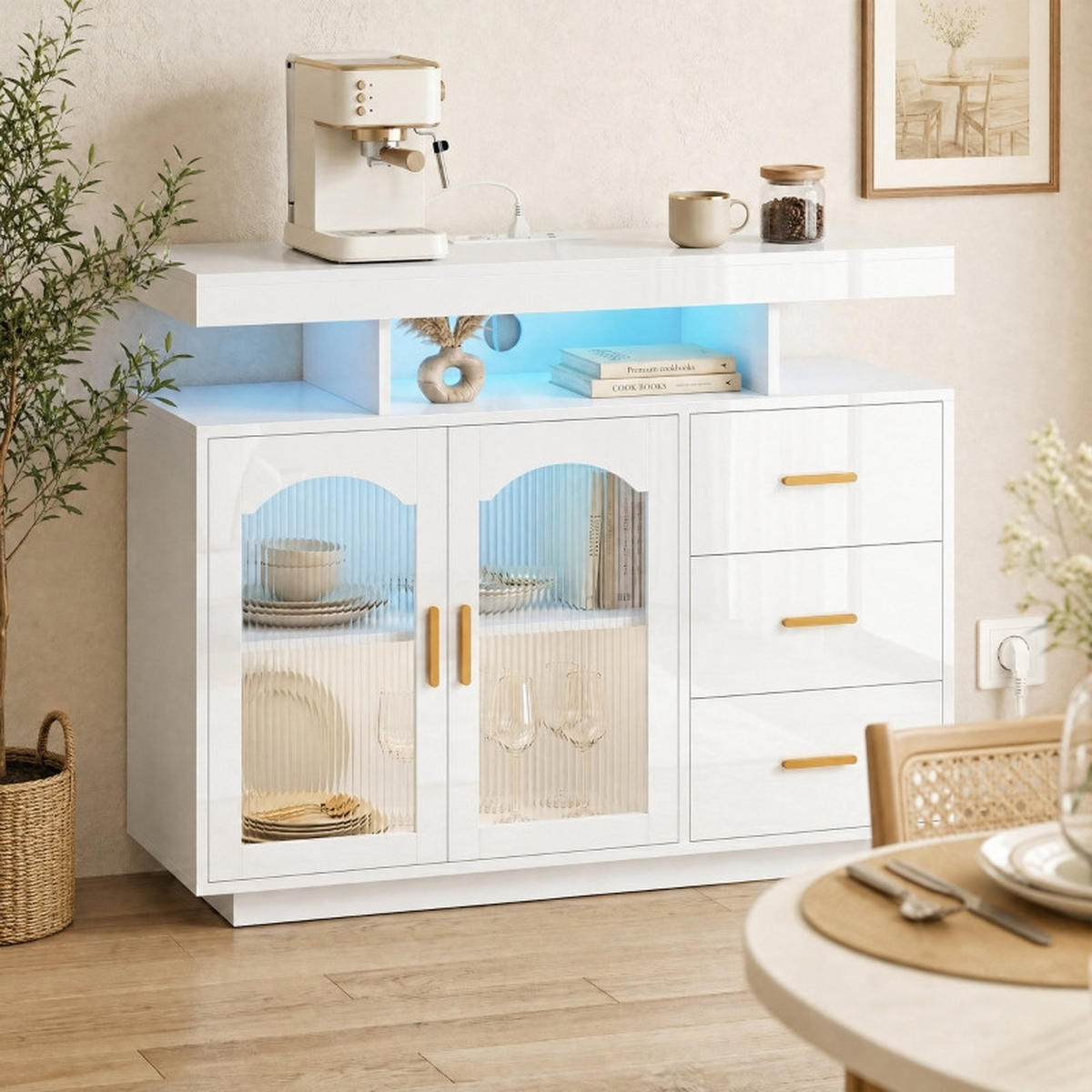 SIDEBOARD DE-38799 150 cm LED-Beleuchtung und 3 Schubladen Hochglanz Weiß/Gold - Weiß, Holzwerkstoff (100/80/35cm) - ComfortXL