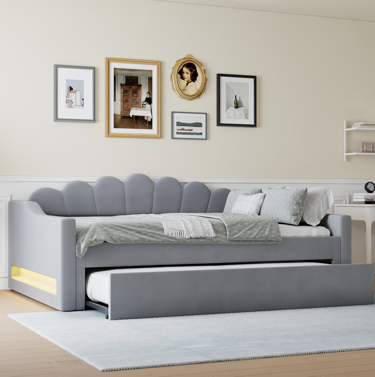 POLSTERBETT aus MDF, Sperrholz und Leinen 140x200 cm Grau mit LED-Beleuchtung und Ausziehbett - Grau, Holzwerkstoff (140/200cm) - Modfu