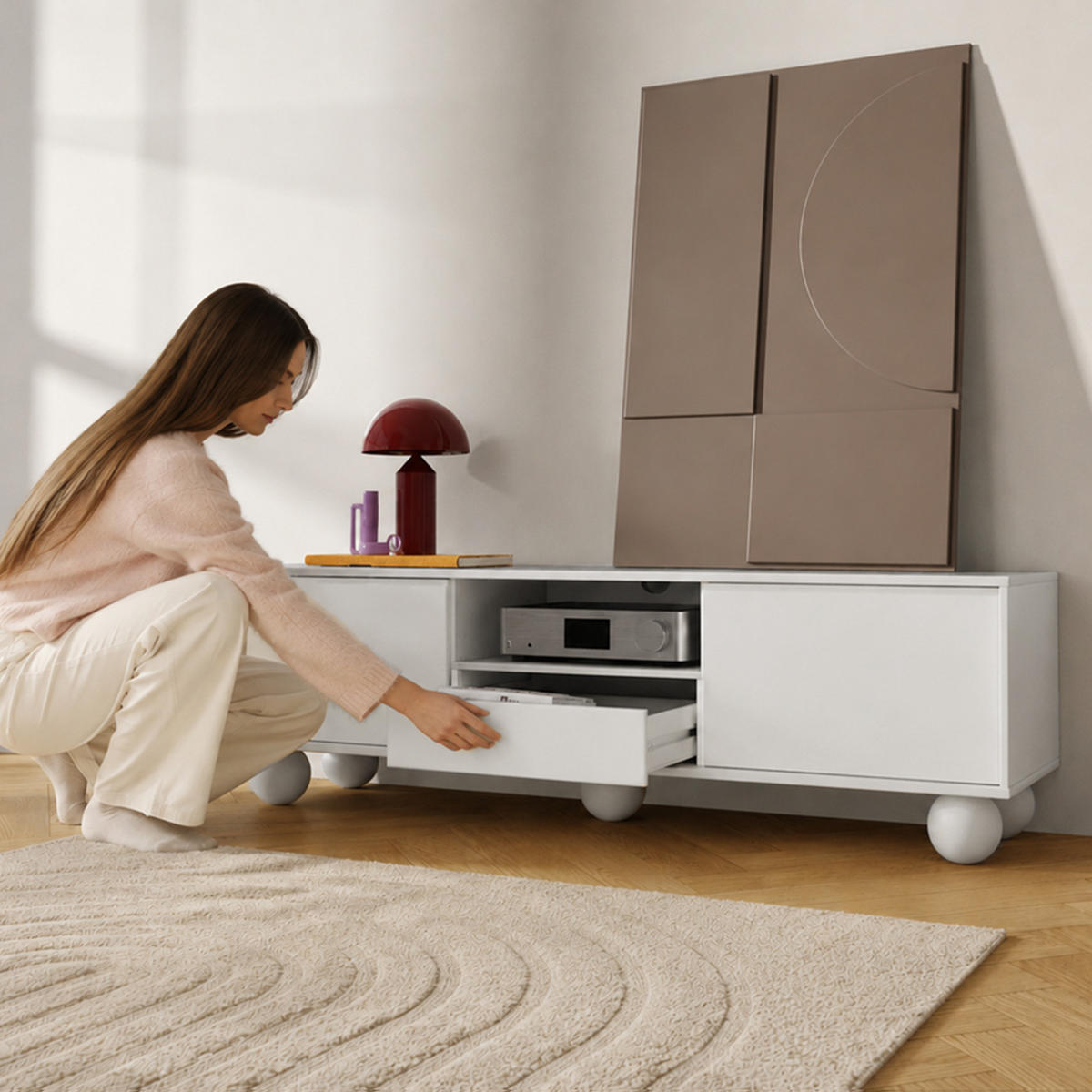 LOWBOARD Adel mit 2 Türen 1 Schublade und runden Füßen, 154 cm, Griffloss, Weiß - Weiß, Holzwerkstoff (154/46/38cm) - Beautysofa