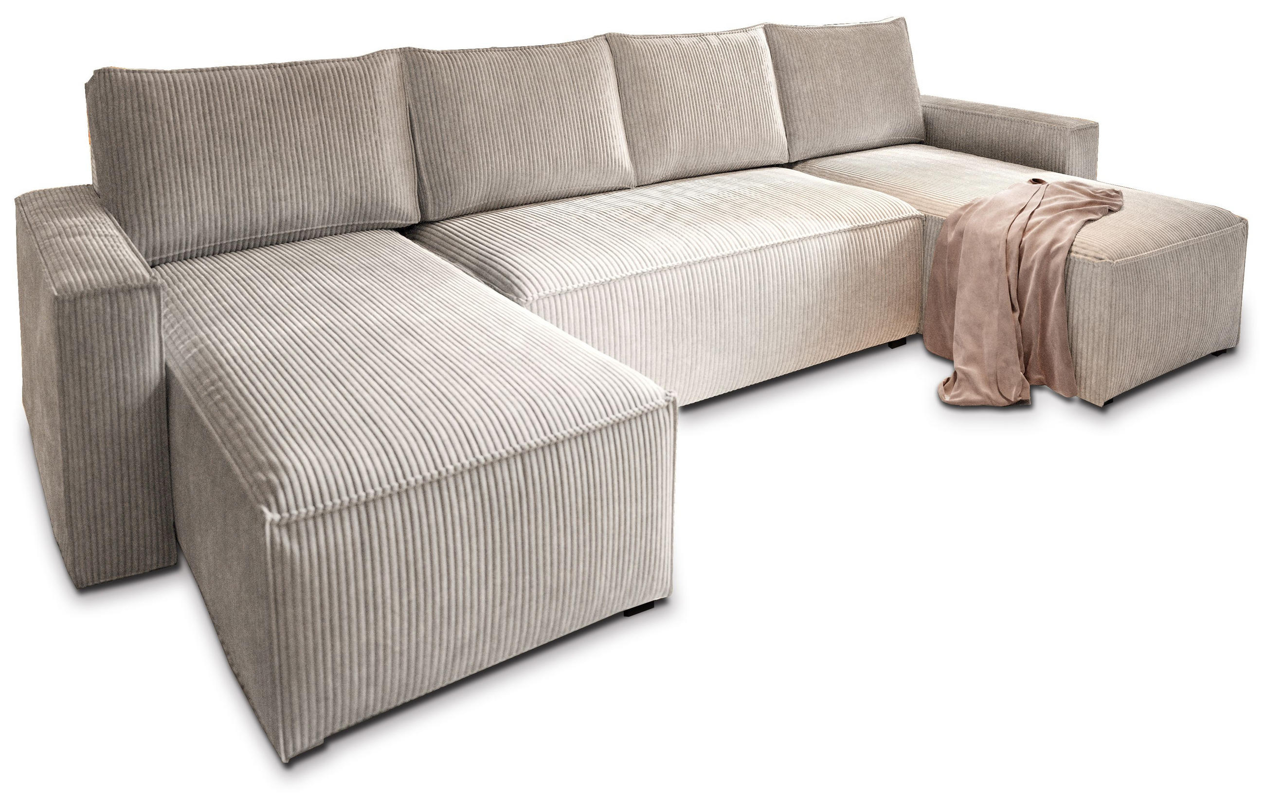 WOHNLANDSCHAFT ASPRA Creme Kordstoff mit Schlaffunktion - Creme, Holz (295/85/140cm) - MASSENO