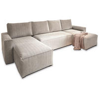 WOHNLANDSCHAFT ASPRA Creme Kordstoff mit Schlaffunktion - Creme, Holz (295/85/140cm) - MASSENO