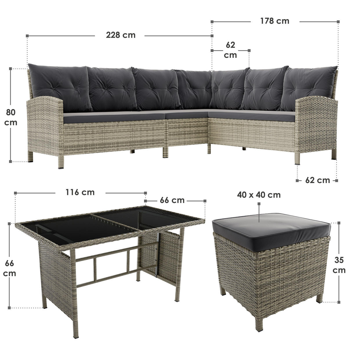 LOUNGEGARNITUR Manacor grau-meliert, dunkelgrau inkl. Abdeckung - Grau, Kunststoff/Metall - Juskys