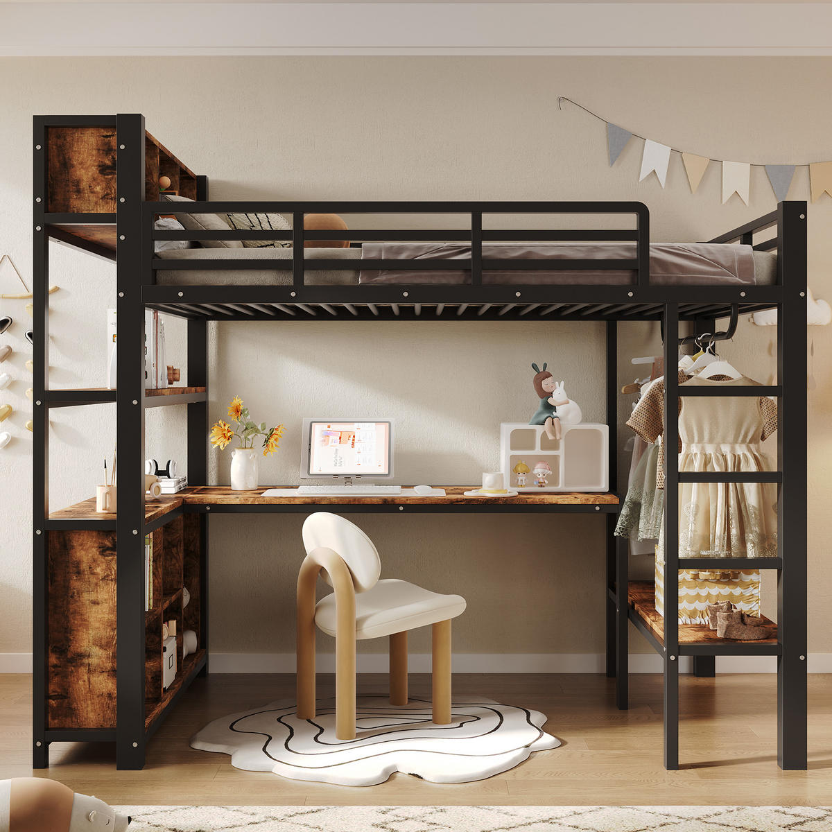 HOCHBETT 90/200 cm Schwarz, mit Tisch, Kleiderständer, Regalen und Staufächern - Schwarz, Metall