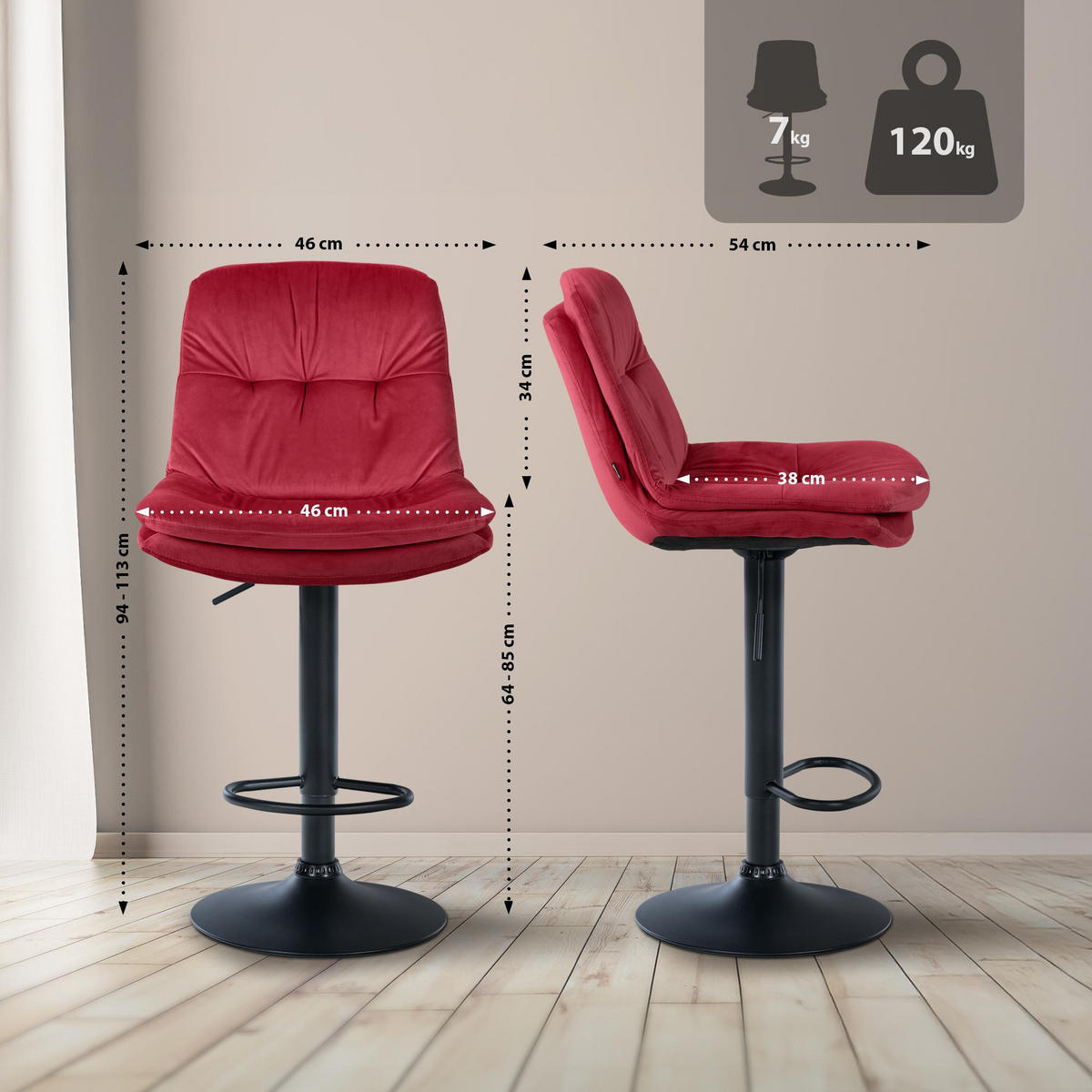 BARHOCKER Samt rot - Rot/Schwarz, Textil (46/94/54cm) - CLP