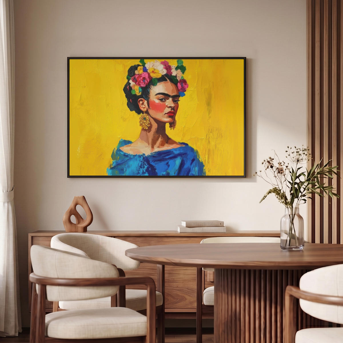 LEINWAND Bilder mit Rahmen - Frida Kahlo - Frau - Gelb - Blau - Blumen - 90x60 - Gelb, Textil (90/60cm) - MuchoWow