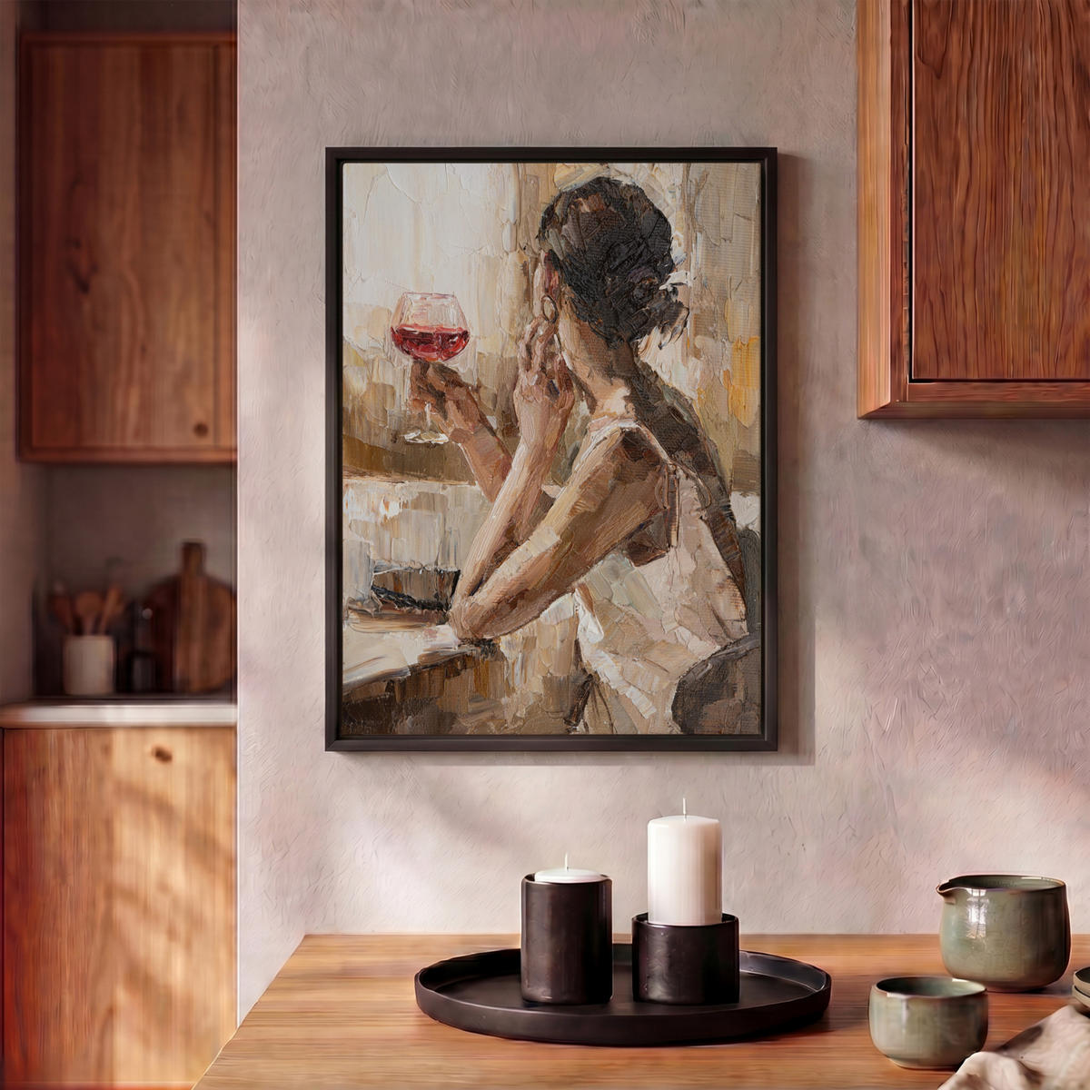 LEINWAND Bilder mit Rahmen - Ölgemälde - Frau - Wein - 30x40 - Hellbraun, Textil (30/40cm) - MuchoWow