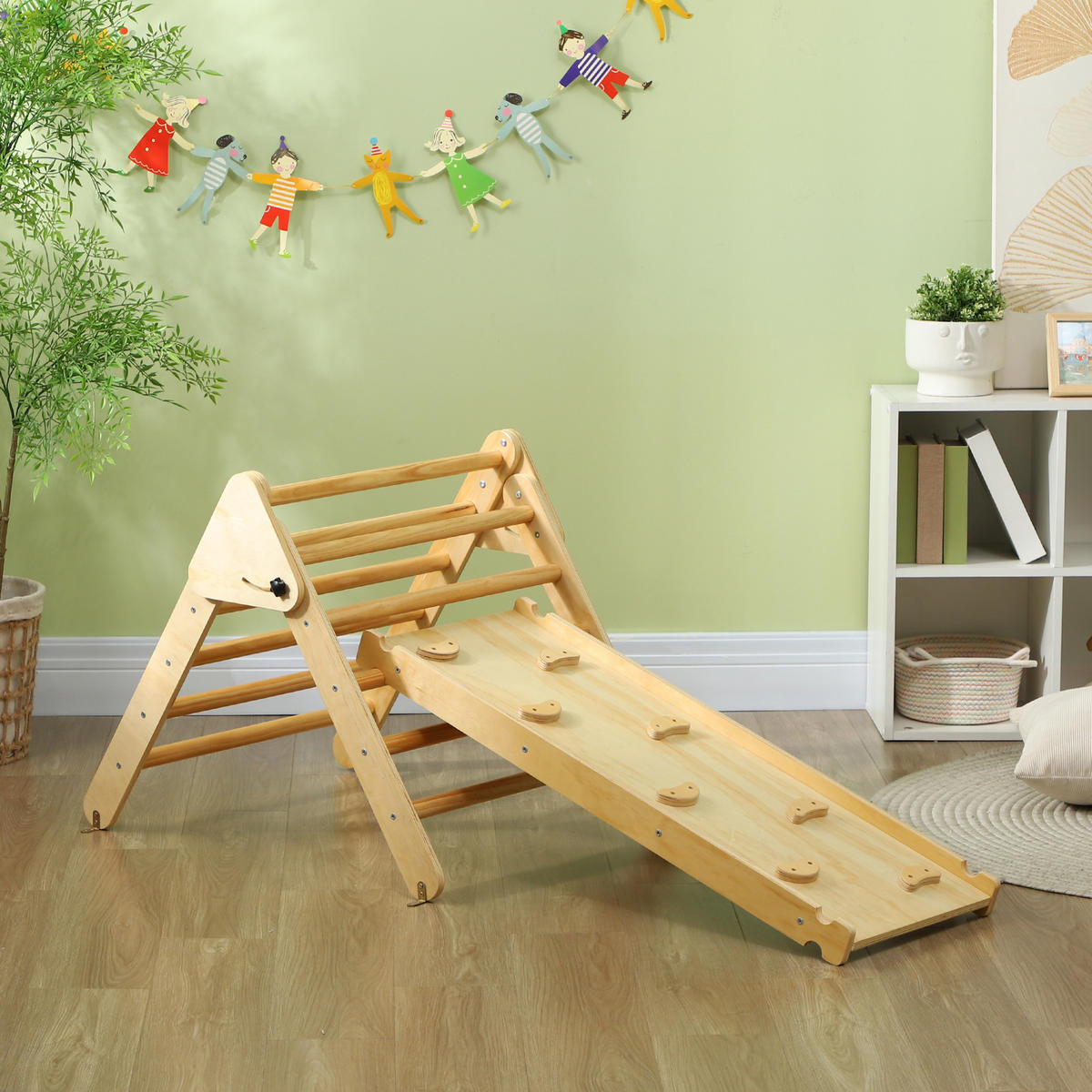 2 in 1 Klettergerüst Set mit Rutsche, Kletterdreieck zum Rutschen und Klettern - Naturfarben, Holzwerkstoff (64.5/59/147cm) - AIYAPLAY