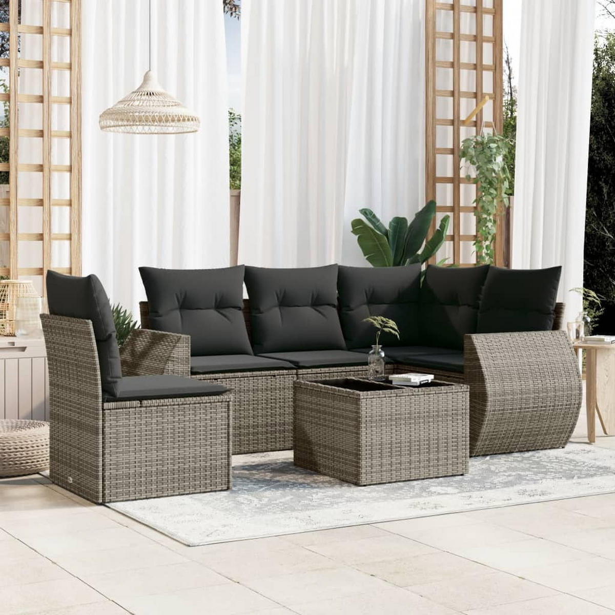 GARTEN-SOFAGARNITUR 6-TLG. Mit Kissen Grau Poly Rattan - Grau, Kunststoff - vidaXL