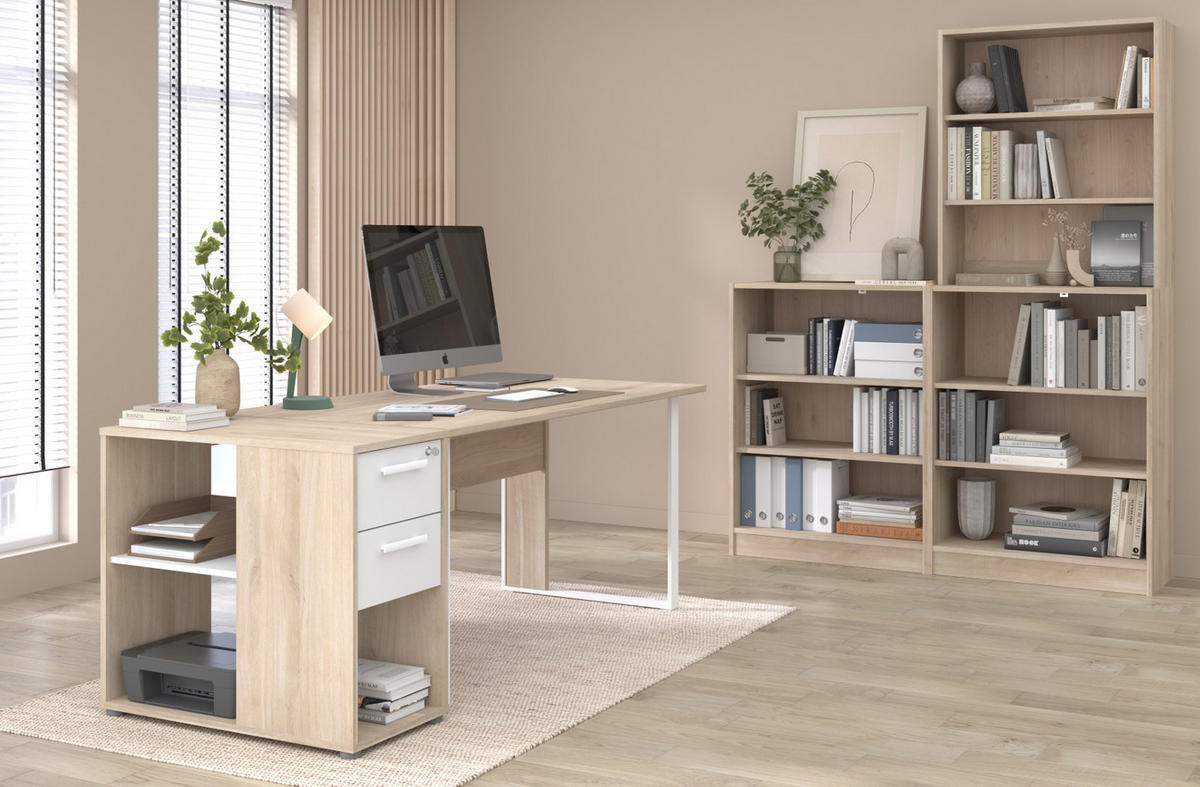 SCHREIBTISCH-SET Eiche, weiß, Büromöbel mit Schreibtisch und Container - Eichefarben/Weiß, Holzwerkstoff/Kunststoff (80/189/73cm) - Parisot Meuble