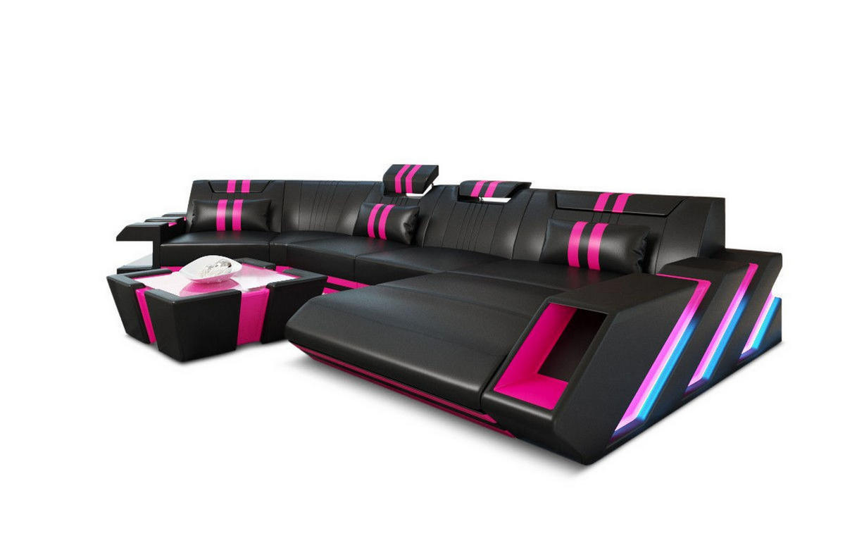 WOHNLANDSCHAFT Apollonia C - Pink/Schwarz, Leder (420/78/190cm) - Sofa Dreams