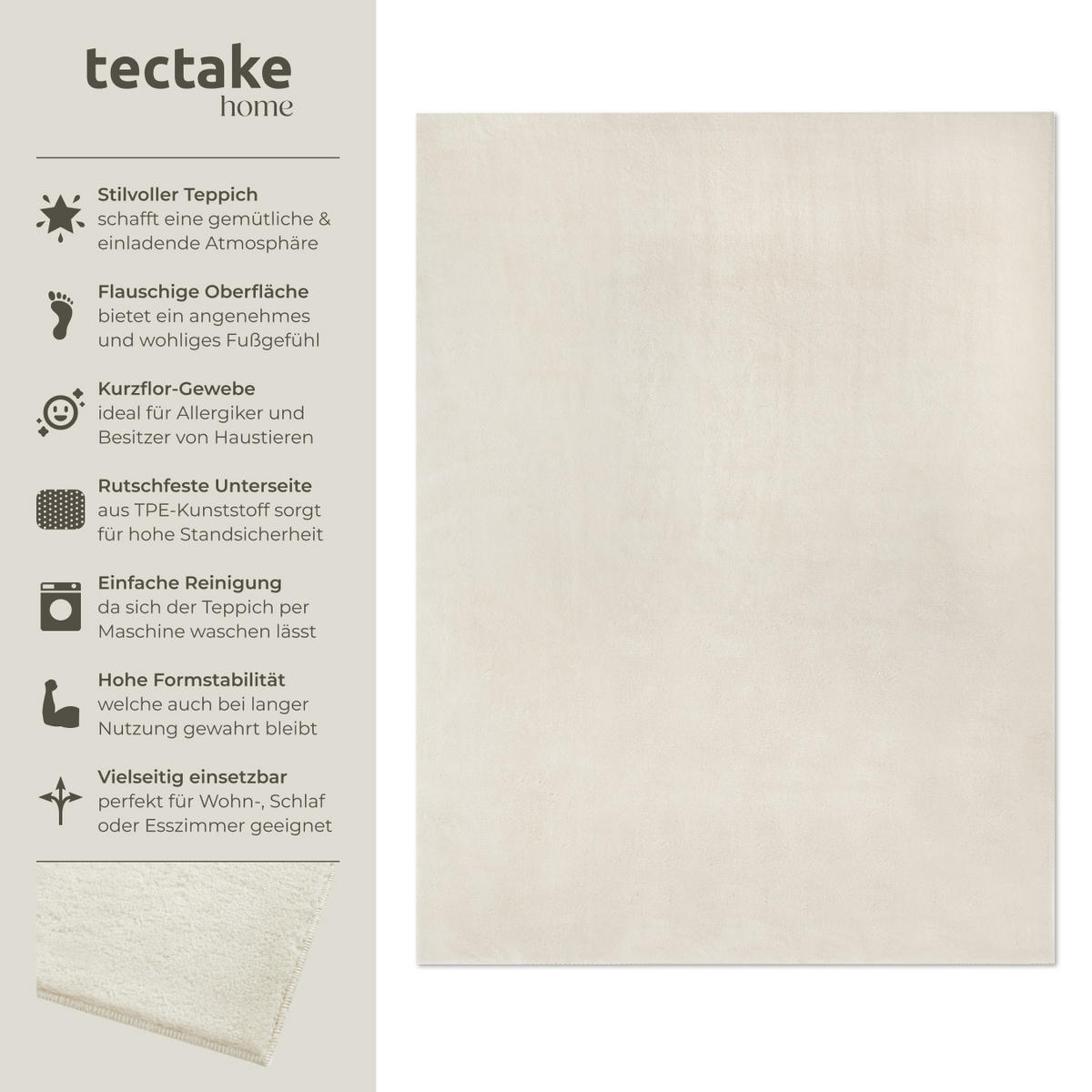 KURZFLORTEPPICH Soft Zone,rutschfeste Unterseite,creme - Creme, Kunststoff (200/140cm) - tectake