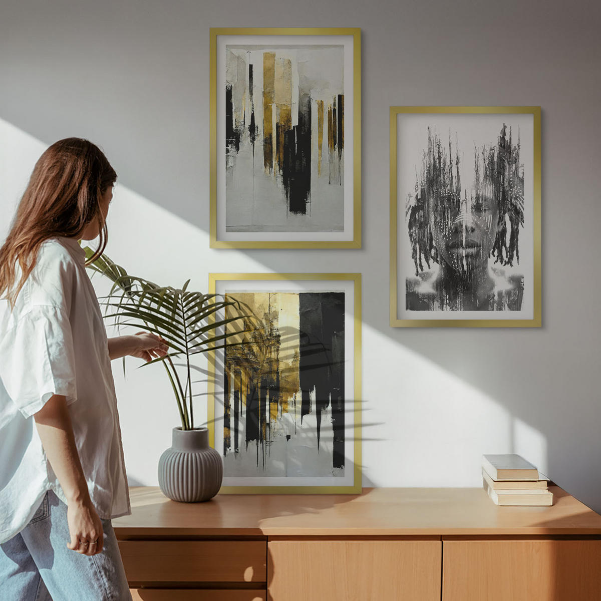 WANDBILDER 3er Set - 40x60 cm Goldrahmen - Kontrastierende abstrakte Porträts - Goldfarben, Kunststoff (40/60cm) - ArtPrintCave