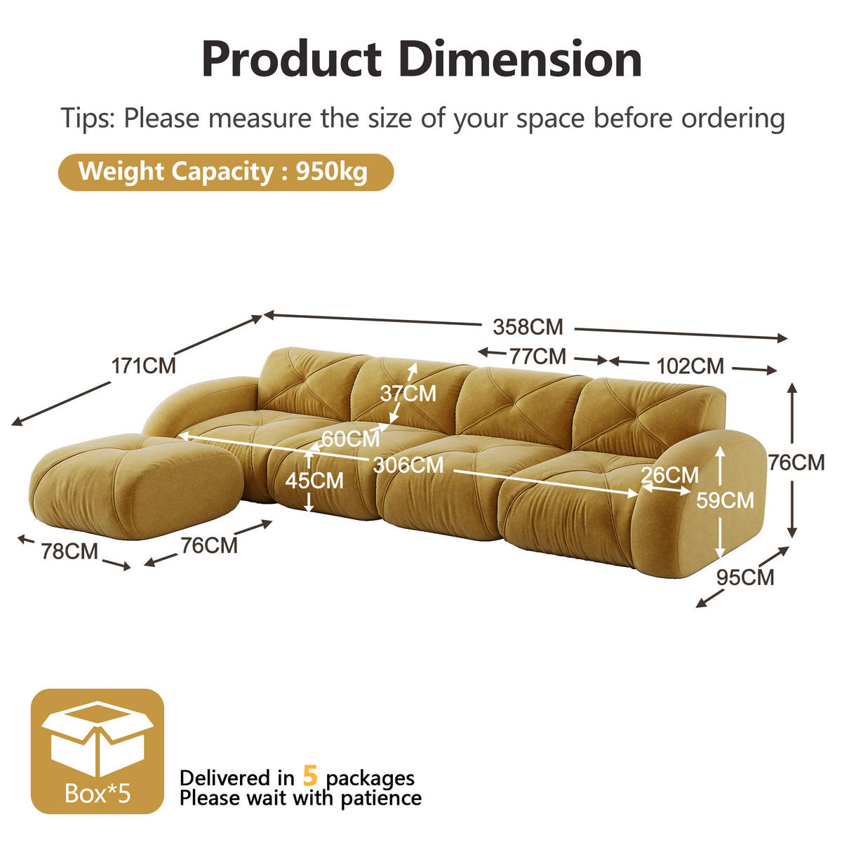 4-SITZER Sofa 358x171x76 cm Chenille Stoff rahmenlos modular mit Hockern, gelb - Gelb, Textil (171/76/358cm)
