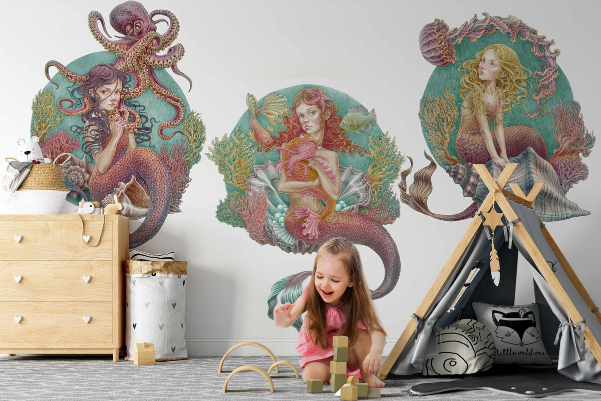 WANDAUFKLEBER 100x132cm - Die kleinen Meerjungfrauen - Multicolor, Kunststoff (100/132/0.1cm) - Wallfluent