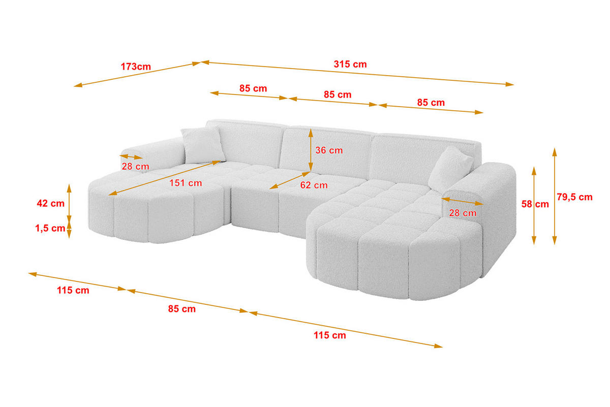 WOHNLANDSCHAFT LIVO-U1 - 315x173x79,5 cm Weiß - Weiß, Holzwerkstoff/Textil (315/79/173cm) - ALTDECOR