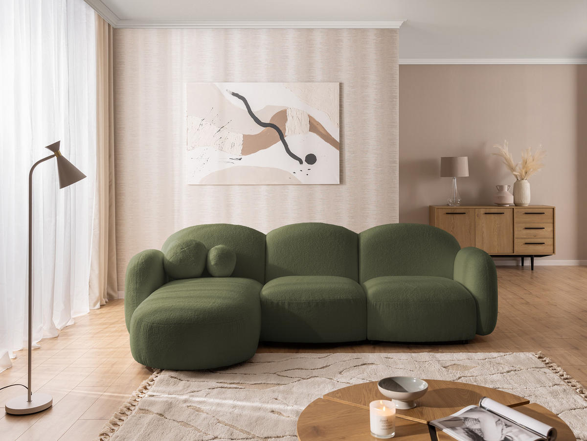 ECKSOFA Nuvola mit abgerundetem Design Grün Bouclé-Stoff - Ottomane Links - Schwarz/Grün, Holz/Kunststoff (268/146cm) - S-Style Möbel