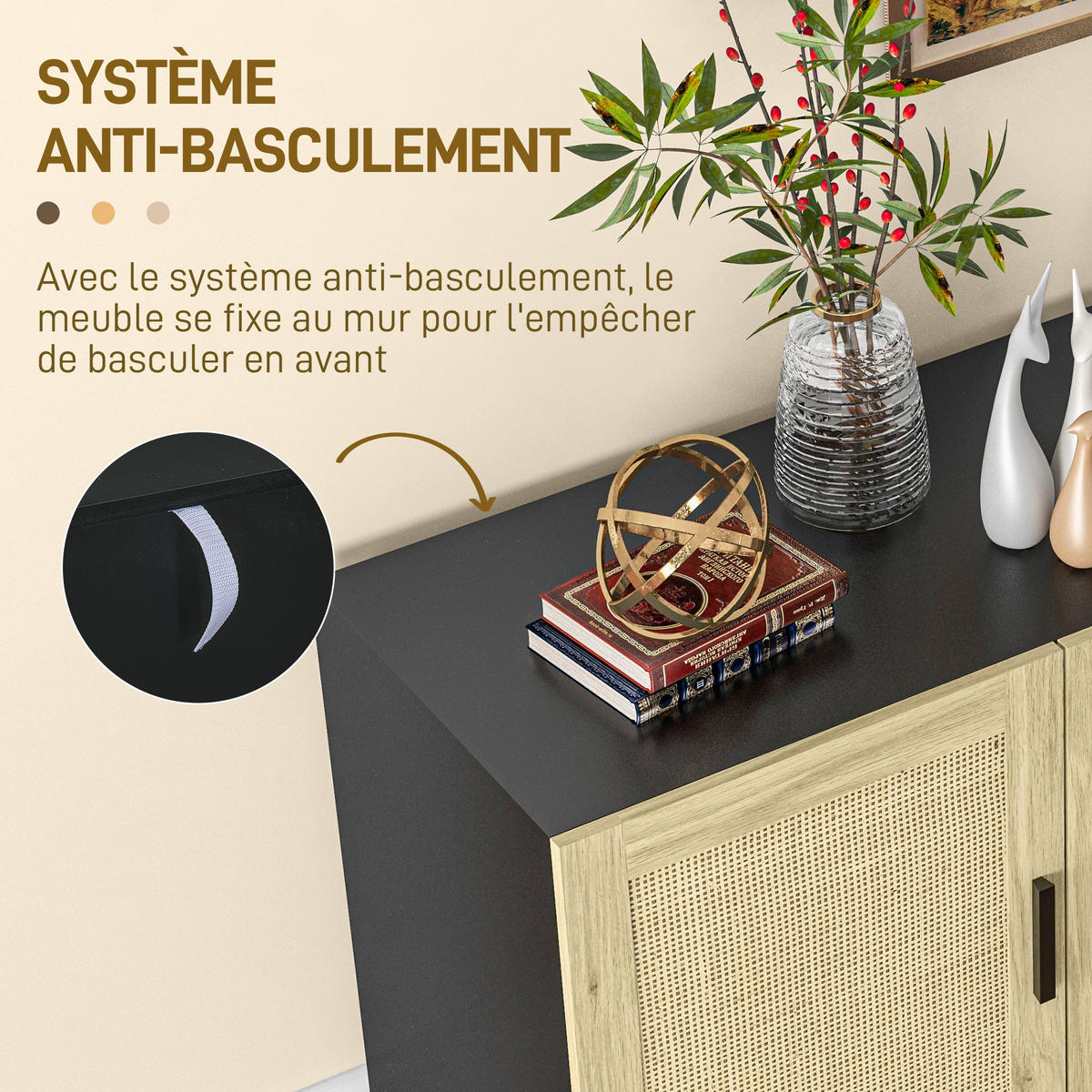 SIDEBOARD DE-11149 3 Korb-Türen Schwarz/Naturholz - Schwarz, Holzwerkstoff (136/70/41cm) - ComfortXL