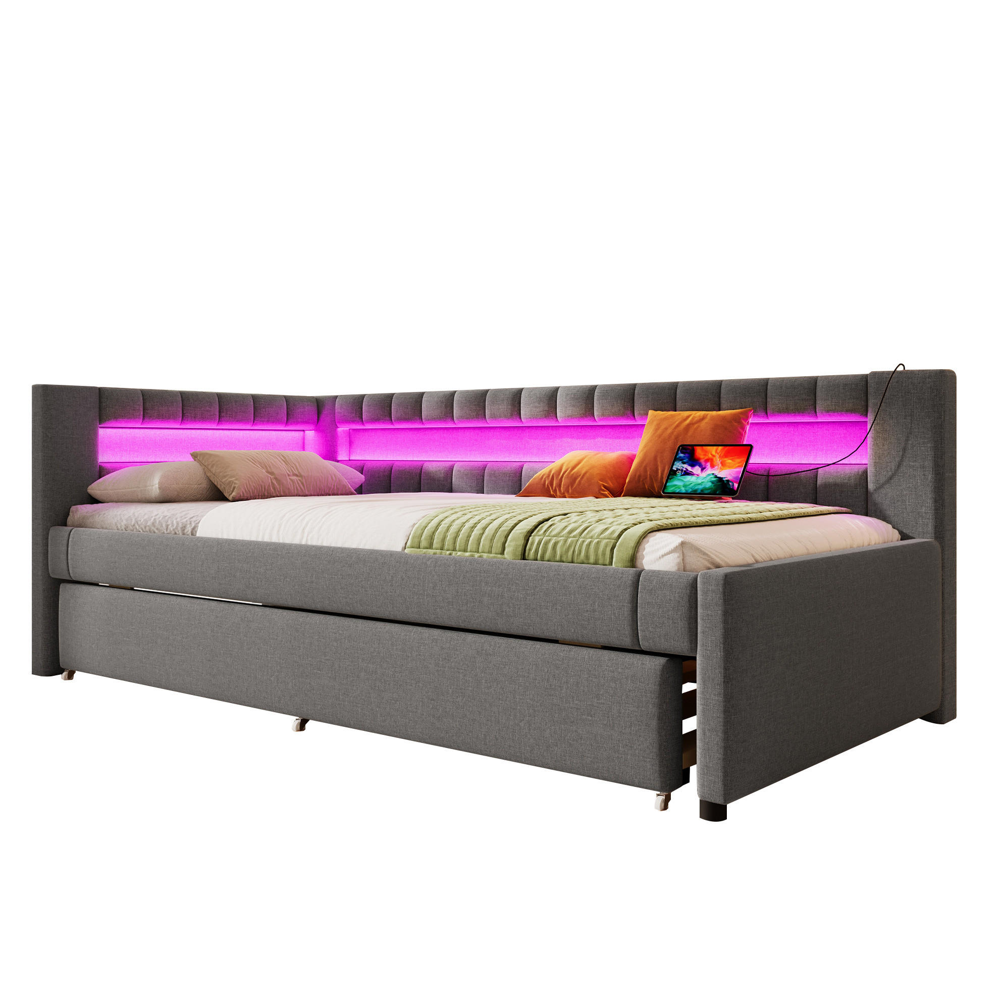 POLSTERBETT 90/200 cm Grau aus Leinen mit Ausziehbett und LED-Beleuchtung - Grau, Textil (90/200cm) - OKMYHOME