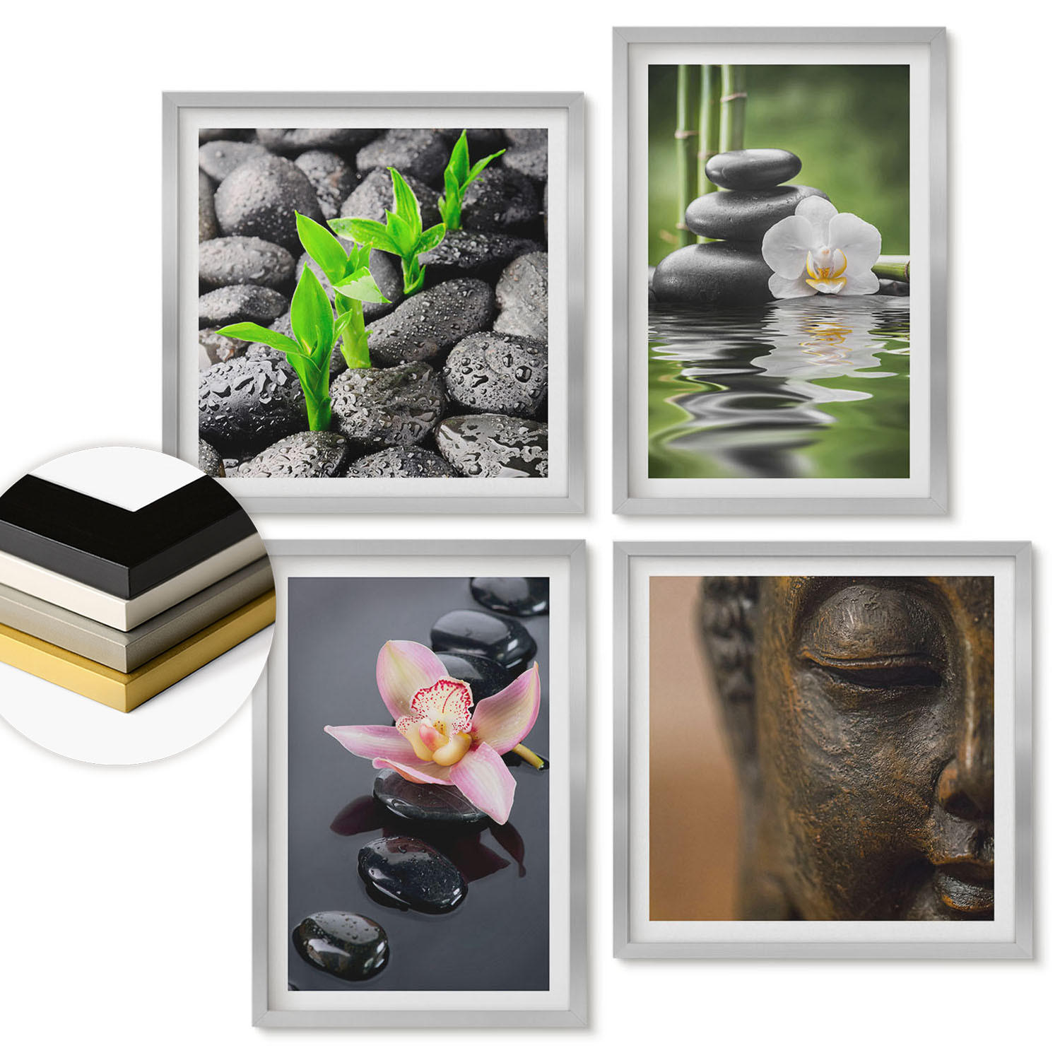 WANDBILDER 4er Set - 50x50 cm & 40x60 cm Silberner Rahmen - Friedliche Zen-Blumen-Buddha-Komposition - Silberfarben, Kunststoff (50/50cm) - ArtPrintCave
