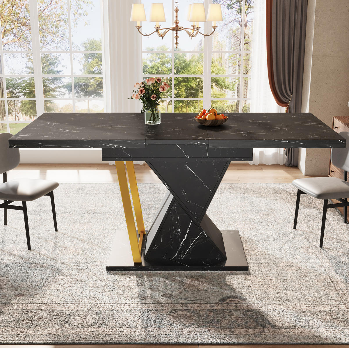 AUSZIEHTISCH 110/80/76 cm in Schwarz mit Marmoroptik & Metallgestell - Schwarz, Holzwerkstoff (110/80/76cm) - BEAOK