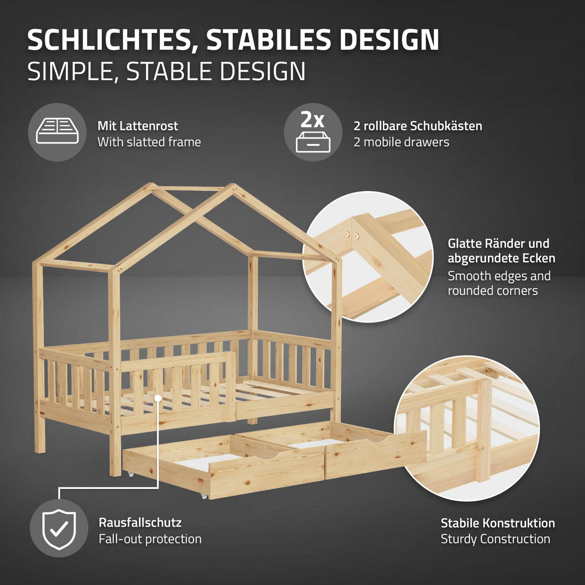 HAUSBETT 70x140 cm Natur aus Kiefernholz mit 2 Schubladen und Rausfallschutz - Beige, Holz (70/140cm) - ML-DESIGN