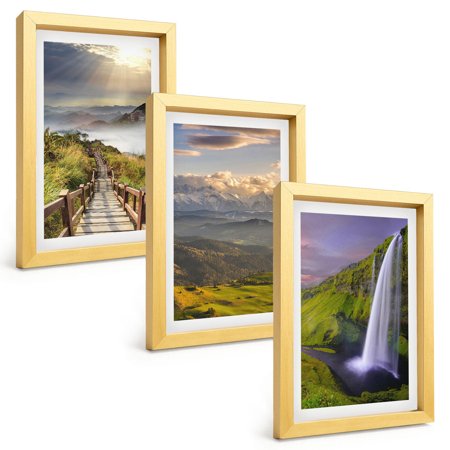 BILDER SET 3er Set - 20x30 cm Goldrahmen - Berglandschaften Wasserfall - Goldfarben, Kunststoff (20/30cm) - TULUP