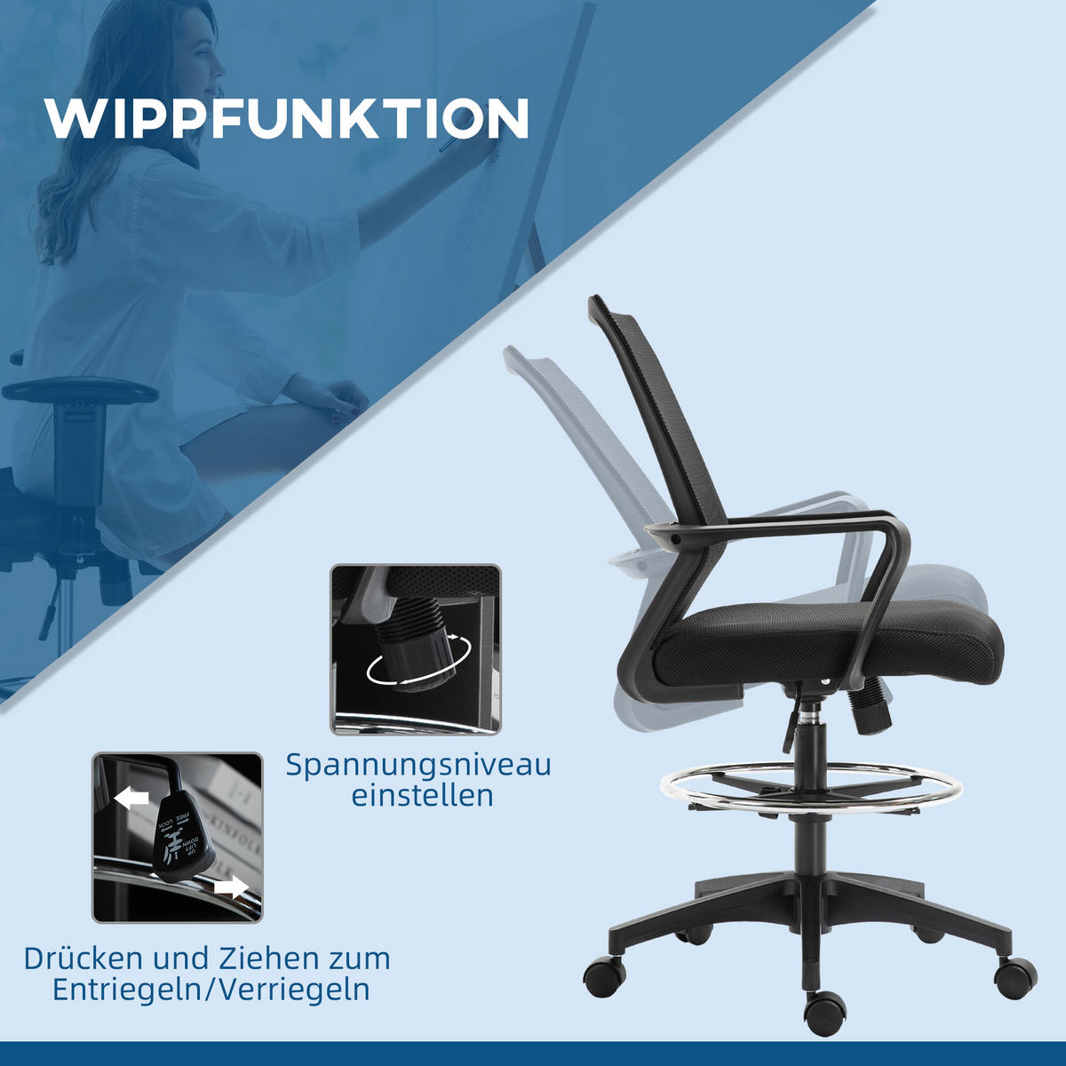 BÜROSTUHL Ergonomischer Schreibtischstuhl verstellbarer Fußring, Wippfunktion - Schwarz, Kunststoff (59/124/64cm) - Vinsetto