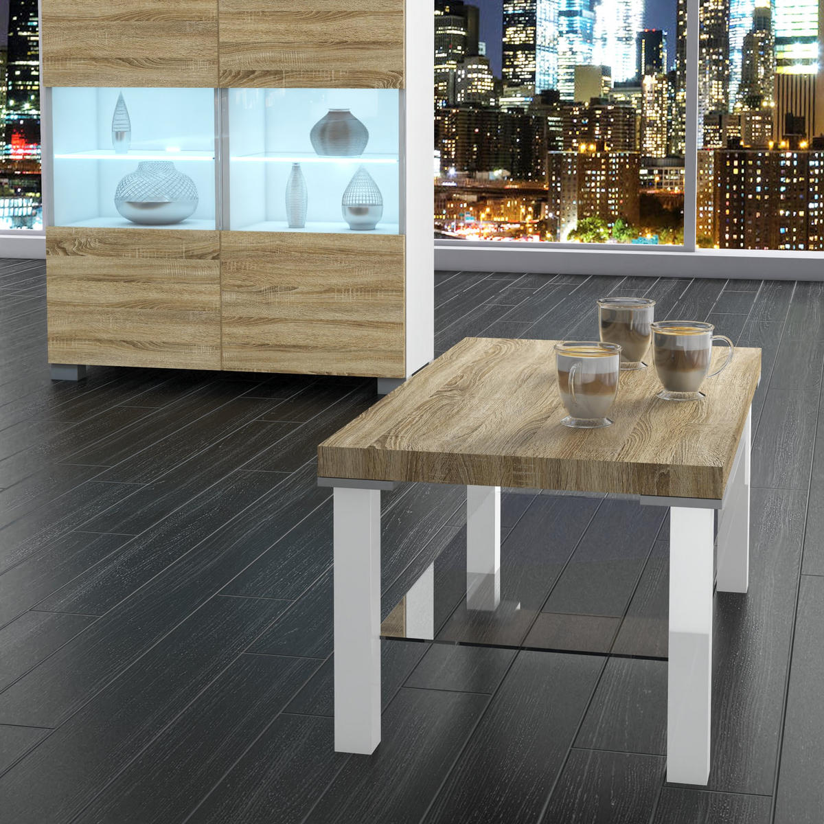 WOHNZIMMERTISCH 90 x 45 cm, Weiß / Sonoma Eiche - Beige/Weiß, Holz (45/43.5/90cm) - B BELINI GROUP