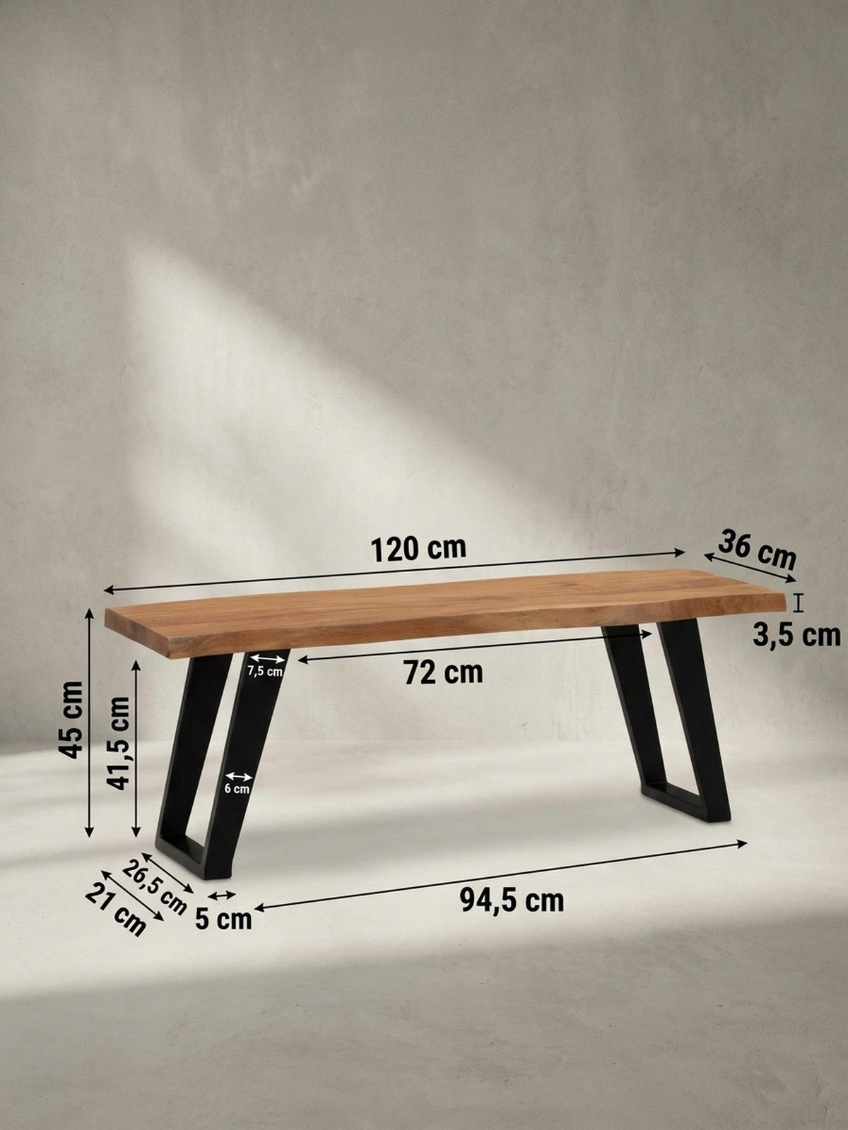 SITZBANK – Akazie Massivholz/Metall, 120x40x45,5 cm, mit Baumkante, U-Beine - Schwarz/Braun, Holz/Metall (120/46/40cm) - KADIMA DESIGN