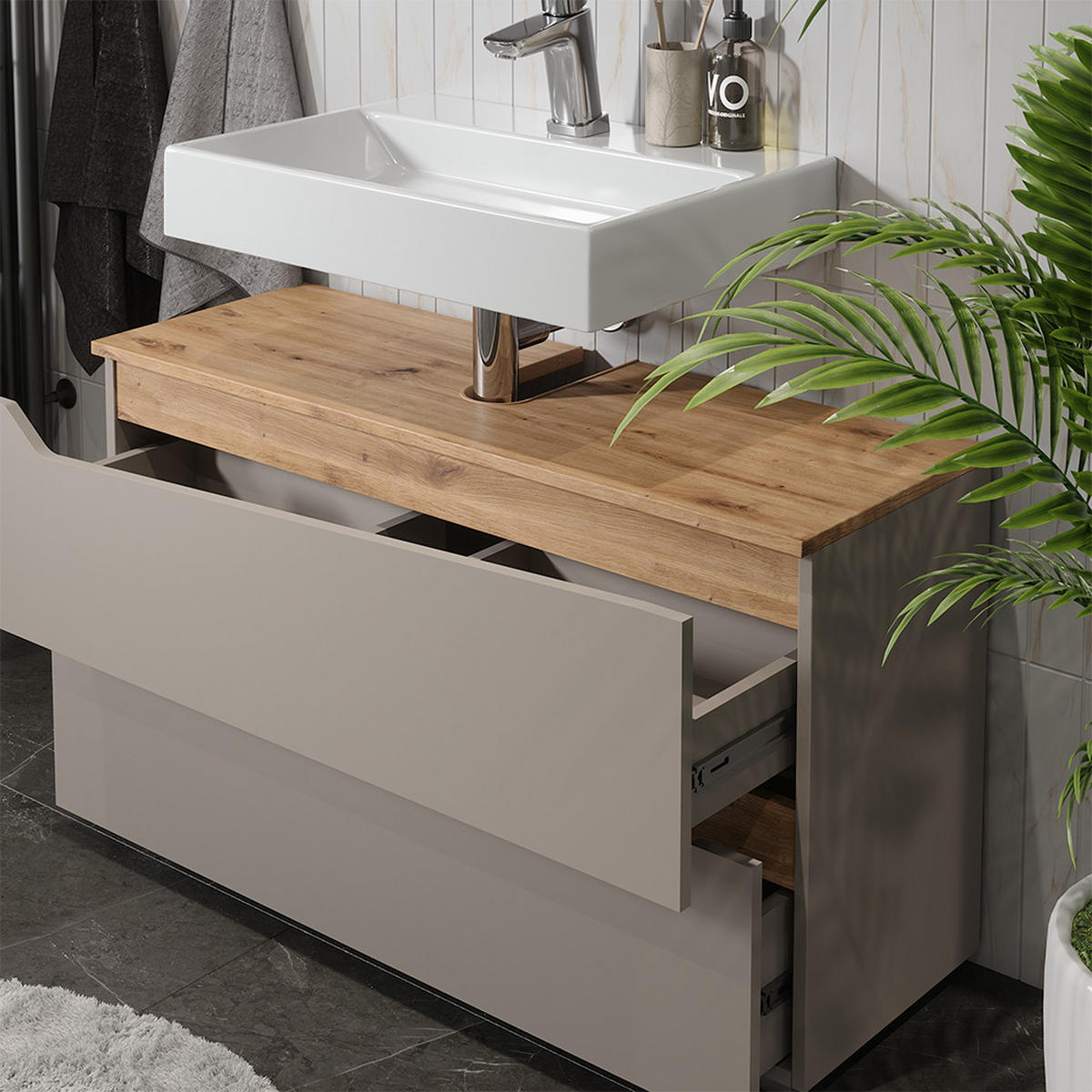 WASCHBECKENUNTERSCHRANK Marelle, Greige/Artisan-Eiche, 100 x 57.5 cm mit 2 Schubladen - Greige/Eiche Artisan, Holzwerkstoff (100/57.5/35cm) - Vicco