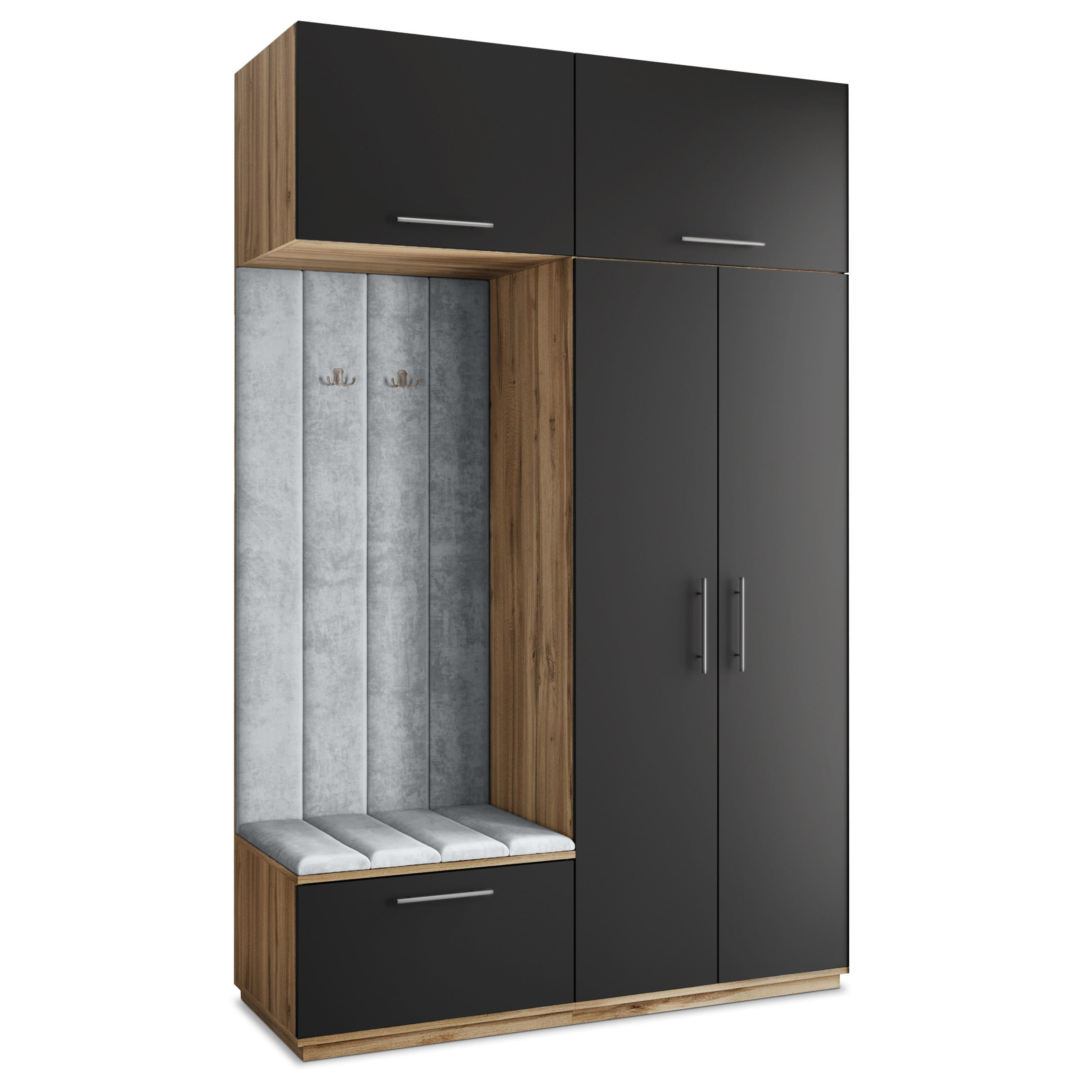 Masseno Garderobenschrank Eiche Wotan, Schwarz, Hellgrau 150x240x60 cm