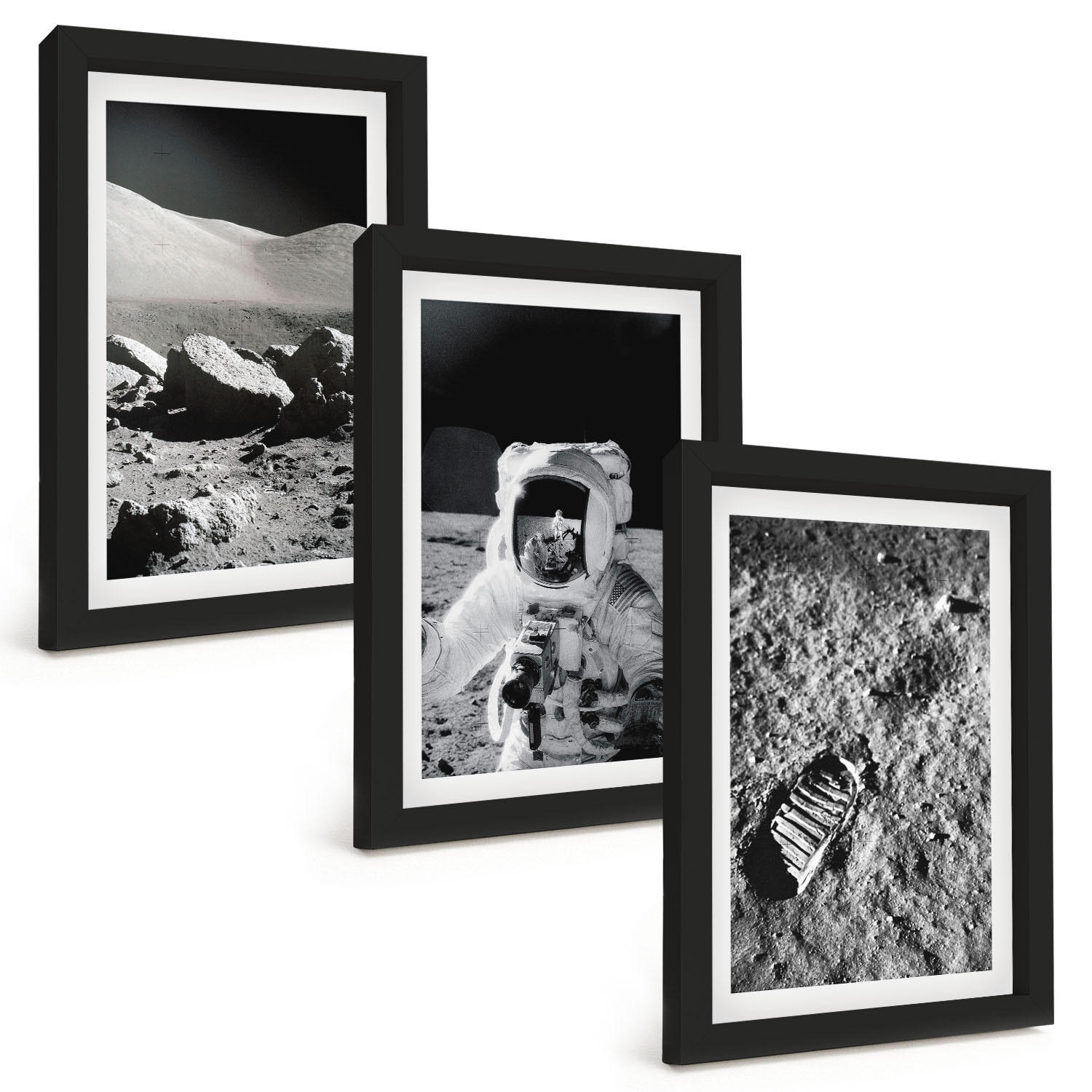 BILDER SET 3er Set - 20x30 cm Schwarzer Rahmen - NASA-Fotos vom Mond Astronaut - Schwarz, Kunststoff (20/30cm) - TULUP