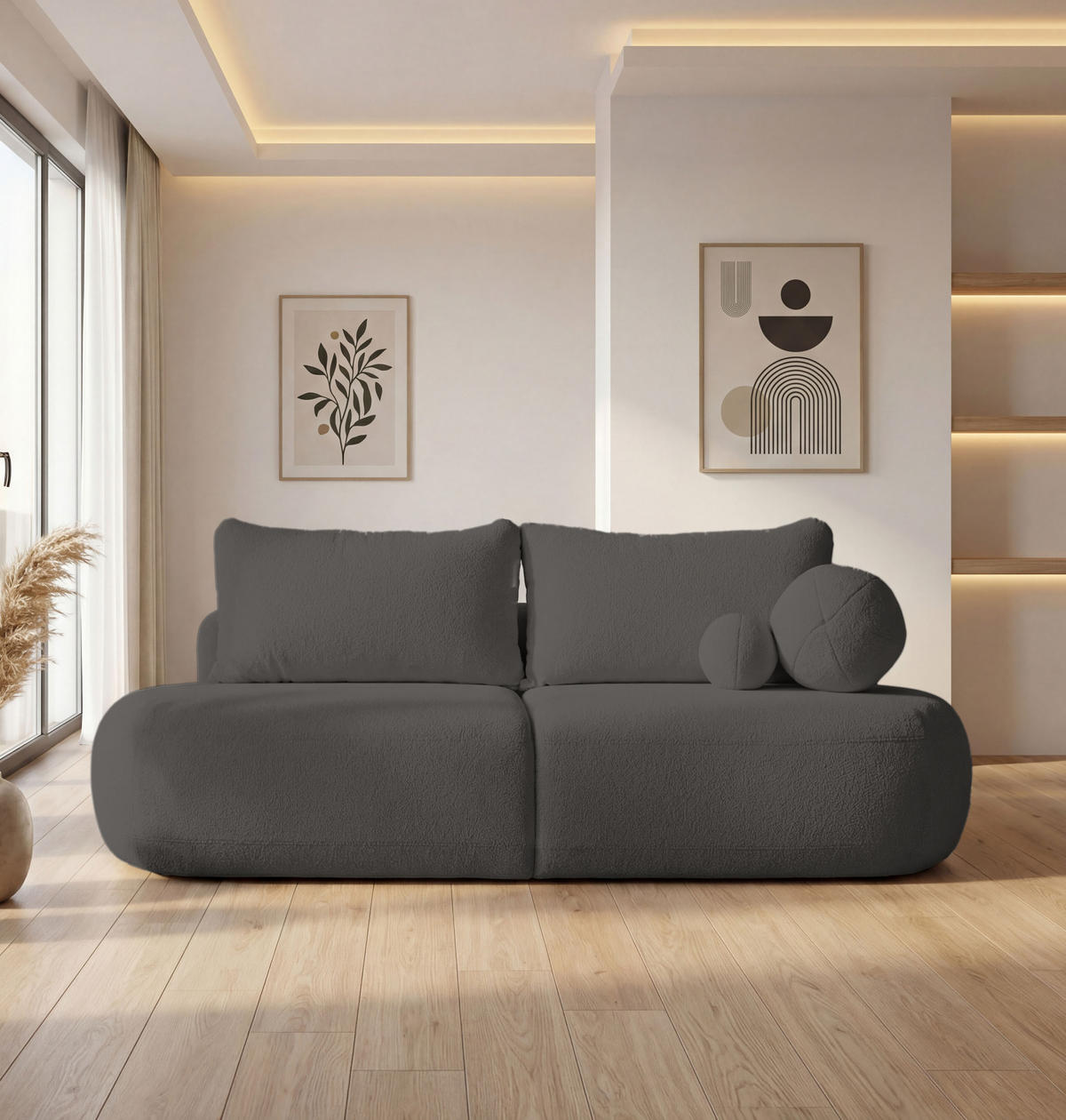 SCHLAFSOFA Bolla 3-Sitzer mit Bettkasten, Dunkelgrau Boucle 240/90/90 cm - Dunkelgrau/Schwarz, Kunststoff/Textil (240/90/90cm) - WFL GROUP