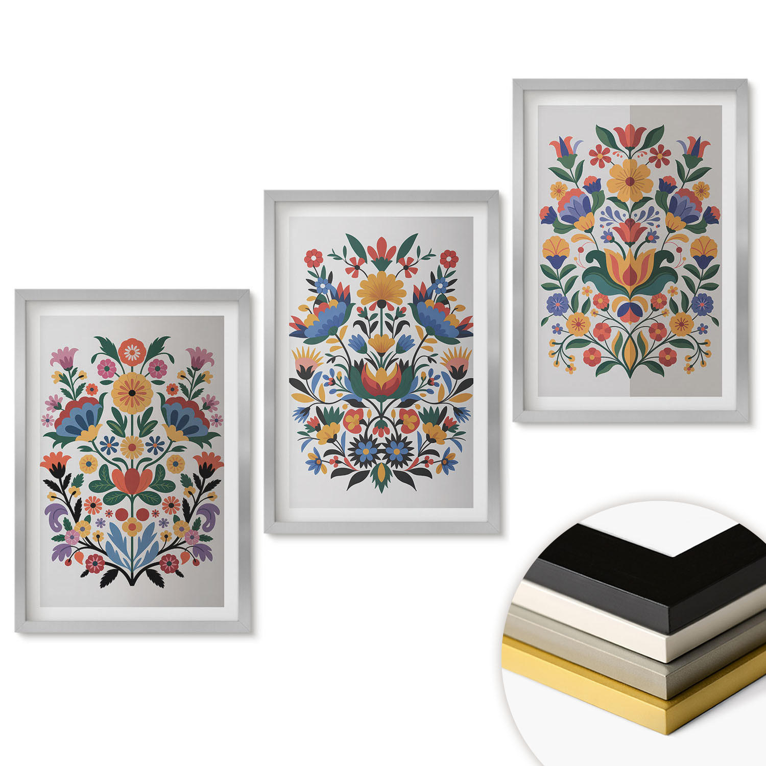 WANDBILDER 3er Set - 40x60 cm Silberner Rahmen - Blumenmuster in intensiven Farben - Silberfarben, Kunststoff (40/60cm) - ArtPrintCave