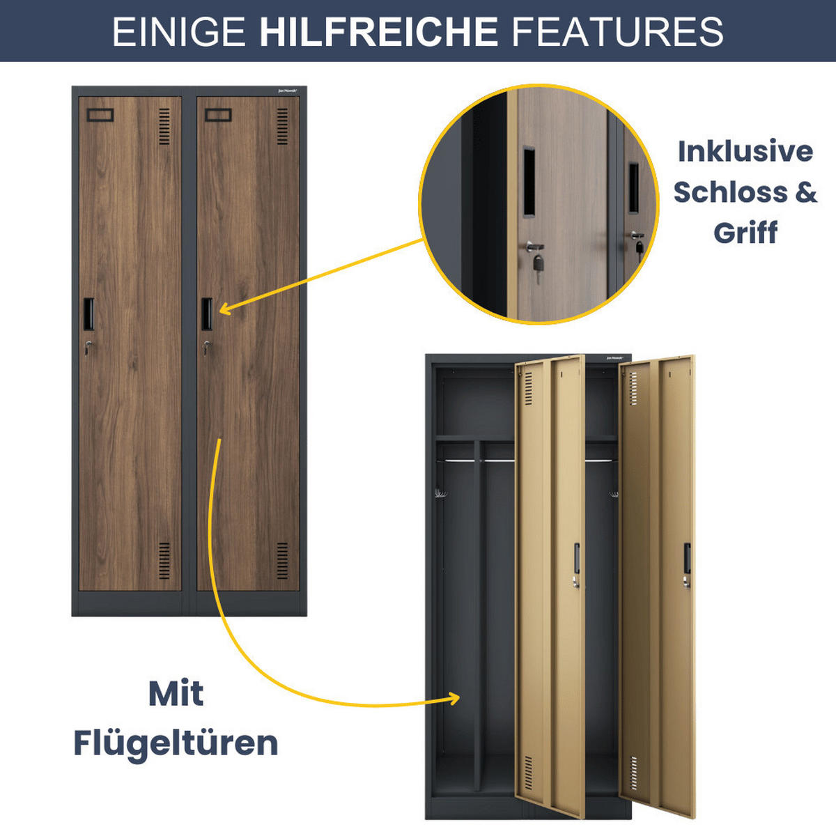 UMKLEIDESCHRANK Spind WIEN 2 Abteile 180x80x50cm Anthrazit-Nussbaum - Anthrazit, Metall (80/180/50cm) - DELUKE