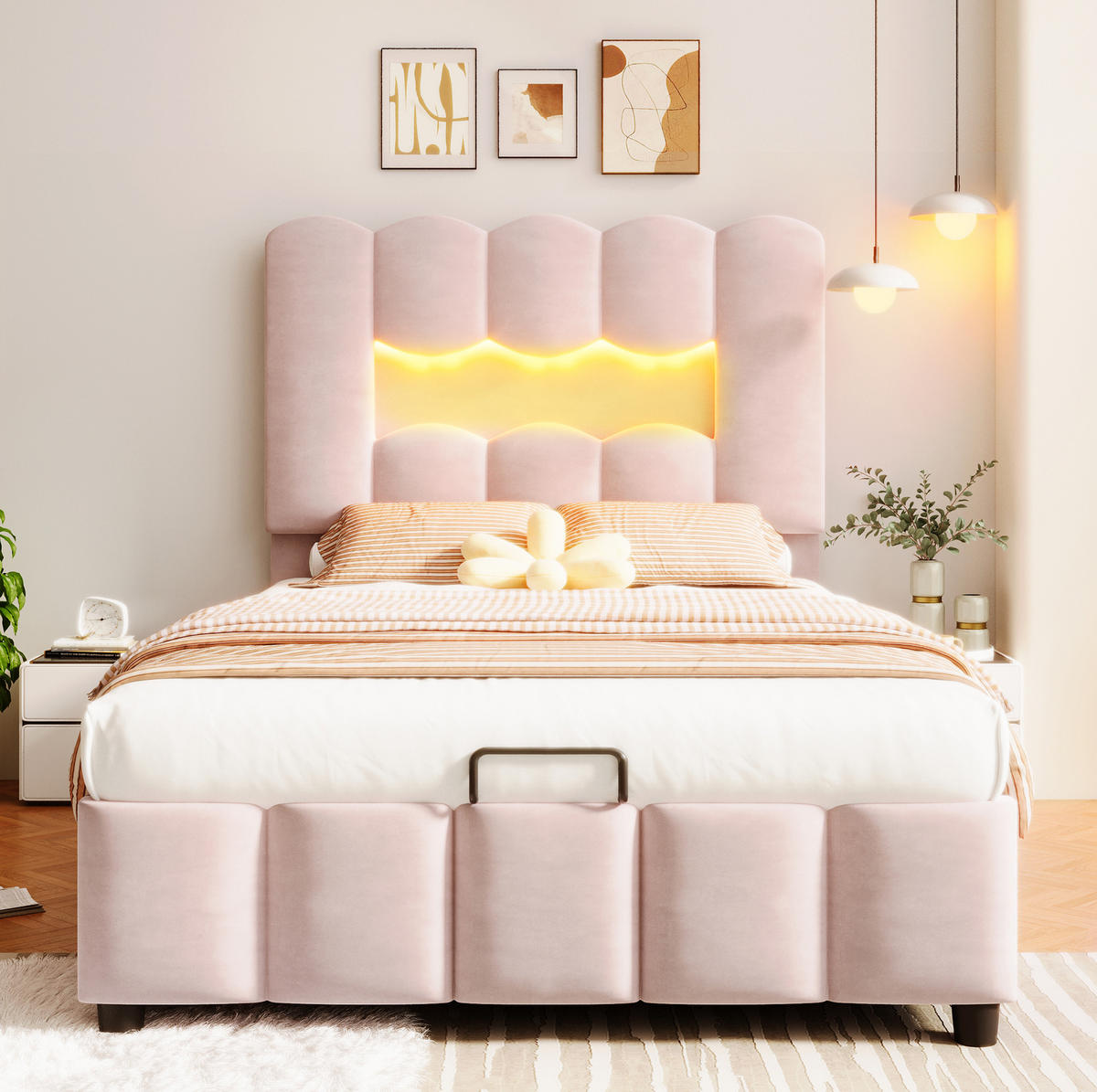 POLSTERBETT mit Stauraum 90x200 cm Samt Pink LED - Pink, Metall (90/200cm) - Meubliv