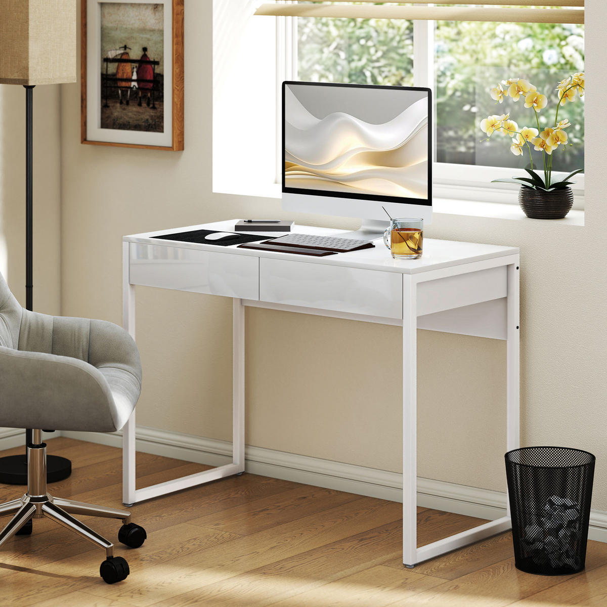 SCHREIBTISCH DE-14909 2 Schubladen mit Hochglanz-Finish Weiß - Weiß, Metall (100/50/75cm) - ComfortXL
